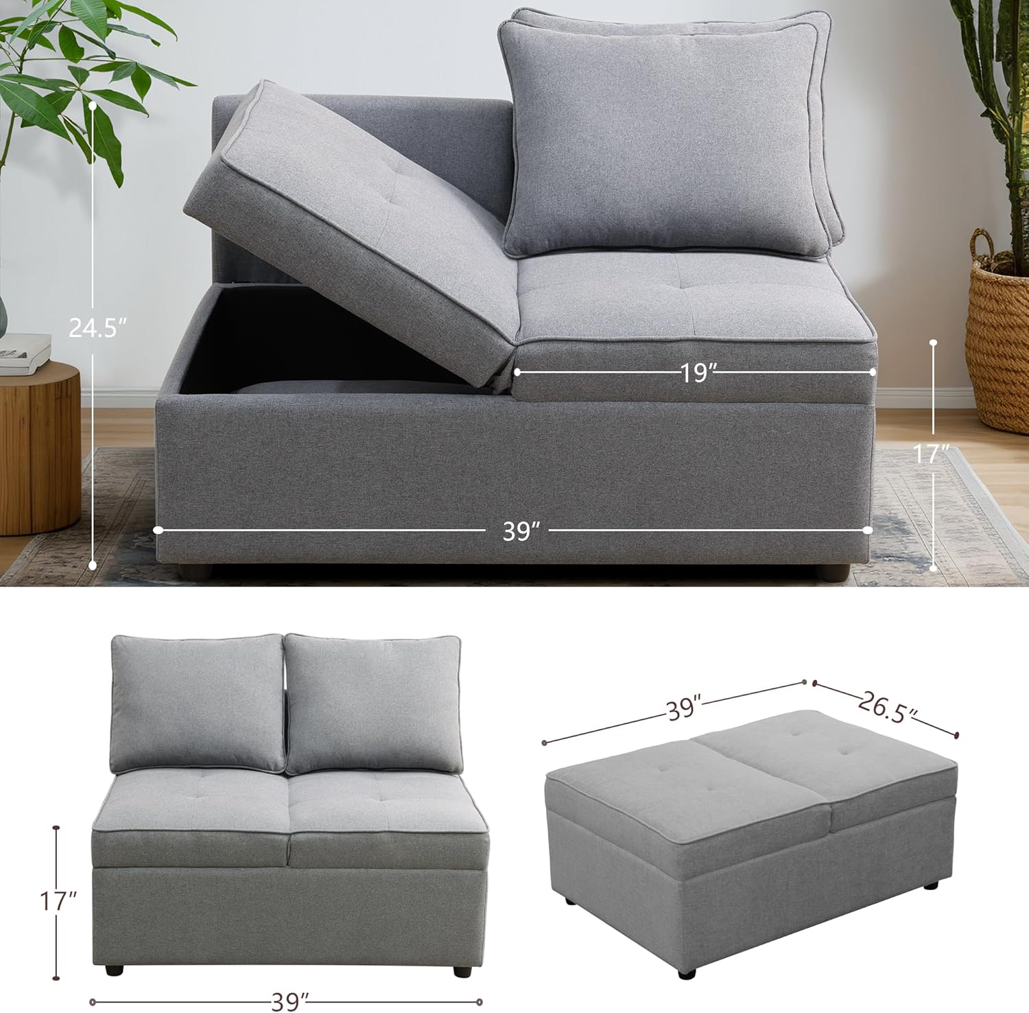 UNEEDE Convertible Loveseat Sofa Bed with Storage Ottoman, 2 Pillows & Adjustable Backrest - Grey Sackcloth 2-Seater Sleeper for Small Spaces, Living Room, Dorm, Office (Pink)