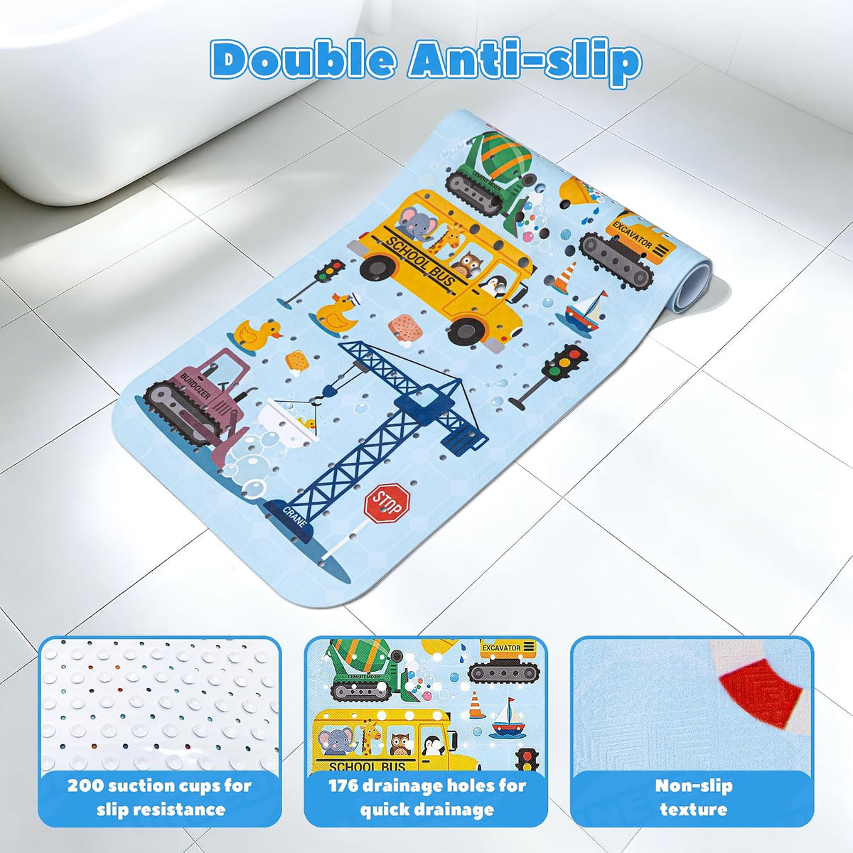 Baby Bathtub Mat Non Slip, 40x16'' Excavator Design Bath Mat for Tub 200 Suction Cups & 176 Drain Holes, Machine Washable, Quick Dry Shower Mat for Kids Bath Essentials, BPA Free