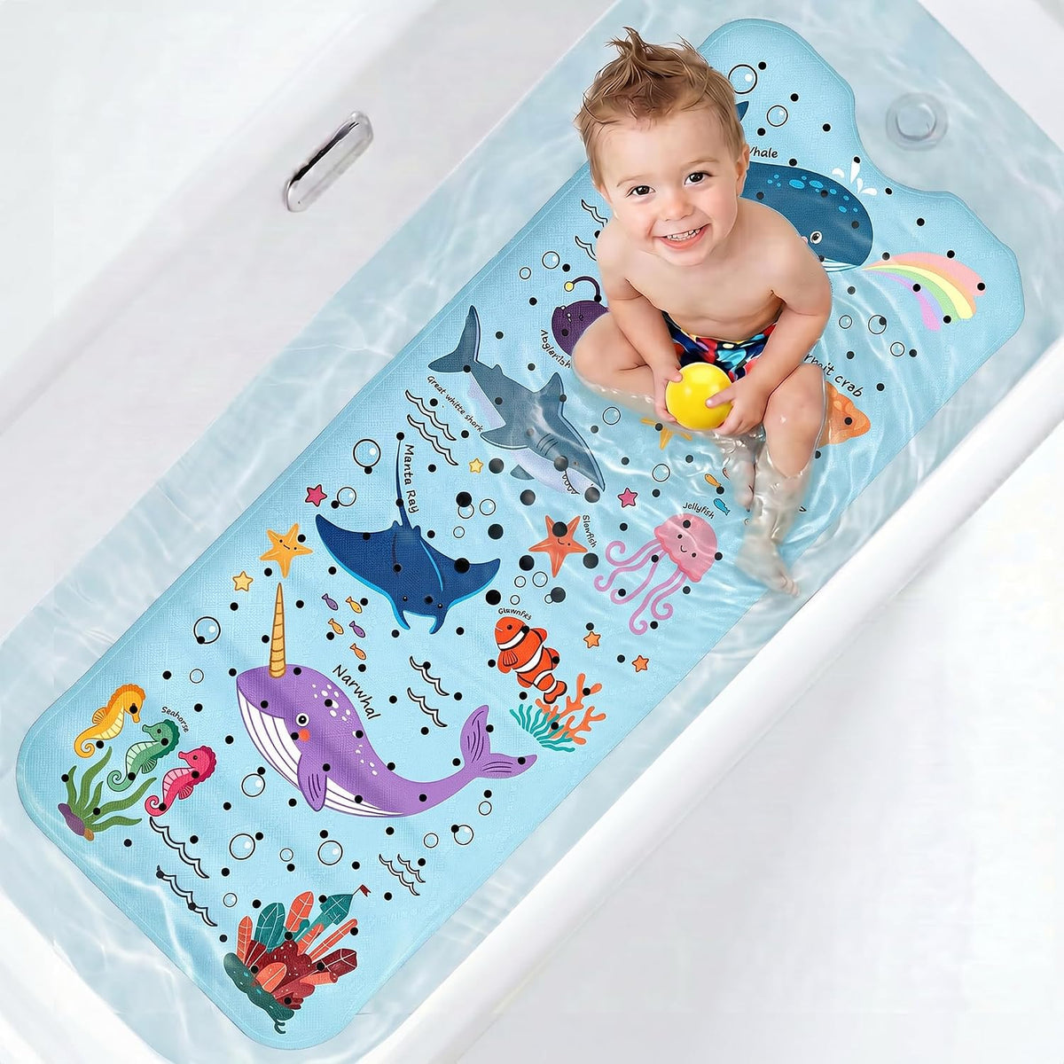 Baby Bathtub Mat Non Slip, 40''x16'' Marine Life Bath Mat for Tub 200 Suction Cups & 176 Drain Holes, Machine Washable, Quick Dry Shower Mat for Kids Bath Essentials, BPA Free, Ocean Pattern