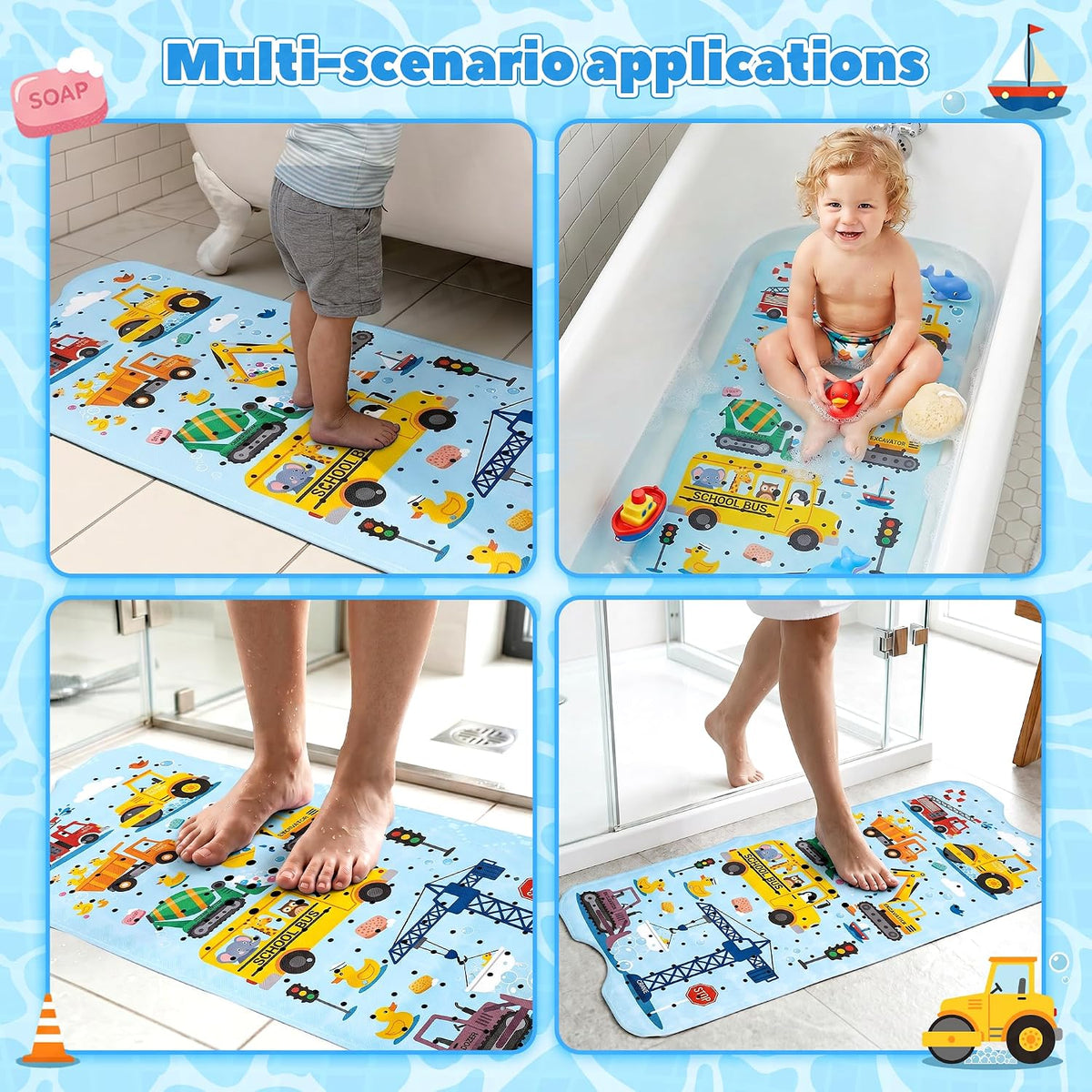 Baby Bathtub Mat Non Slip, 40x16'' Excavator Design Bath Mat for Tub 200 Suction Cups & 176 Drain Holes, Machine Washable, Quick Dry Shower Mat for Kids Bath Essentials, BPA Free