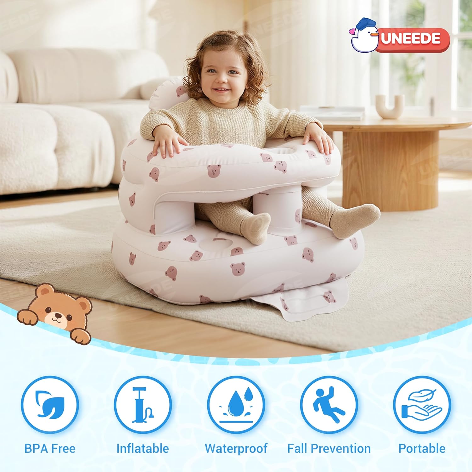 UNEEDE Inflatable Baby Seat for 3 Months & up, Infant Floor Baby Chair with Fence & Built in Air Pump,Lightweight Travel Baby Bath Seat for Home, Camping， Beach & Outdoor