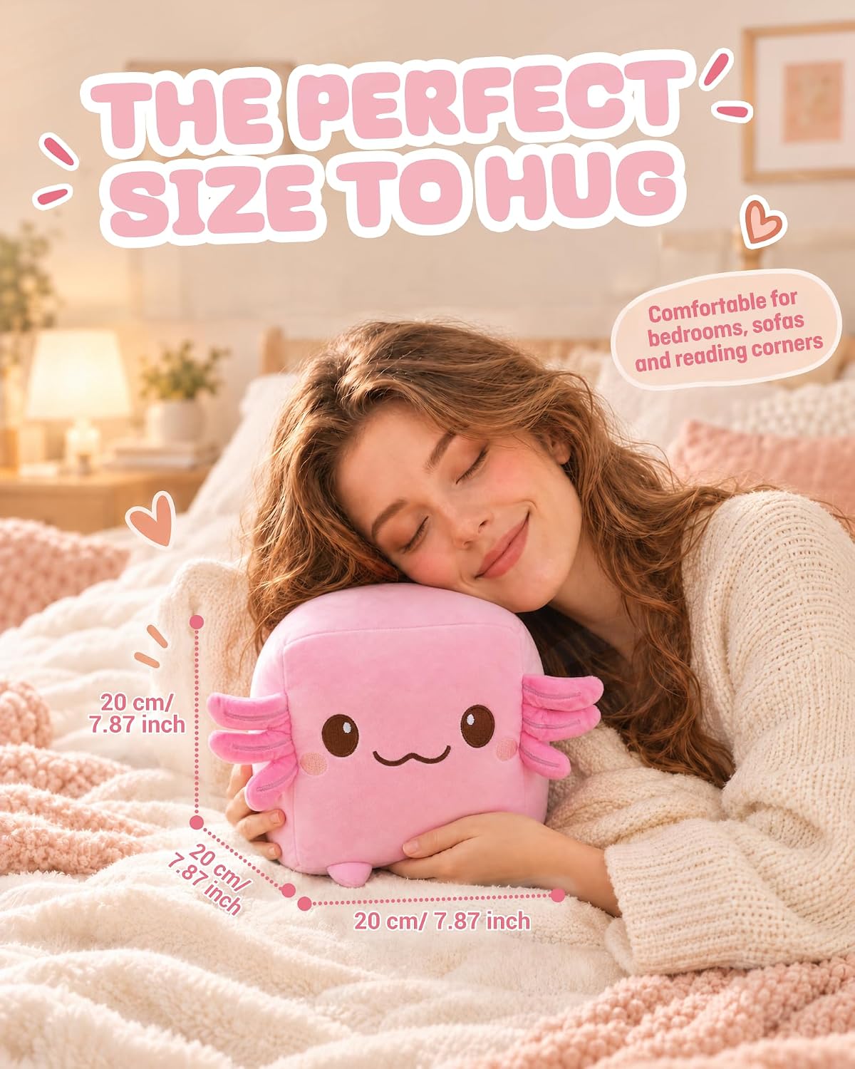 Axolotl Plush, 7.87-Inch Cute Pink Cube Stuffed Animal for Adults Soft Axolotl Soft Toy for Cosy Nights, Dorm Decor and Desk Setups,Gift for University Students and Soft Toy Lovers
