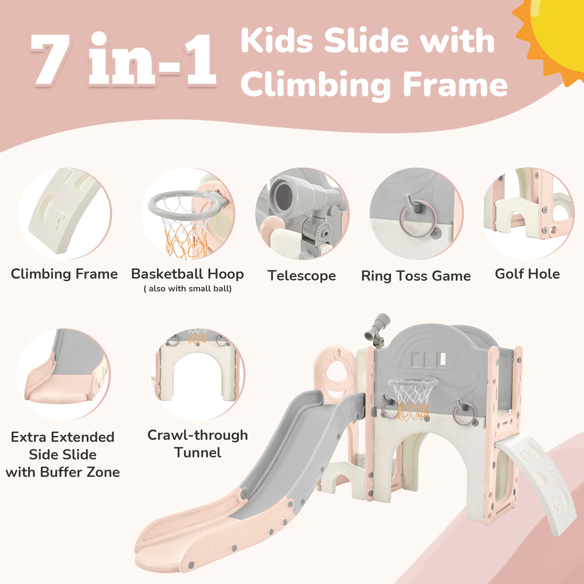 Kids Slide Playset Structure 7 in 1, Freestanding Spaceship Set with Slide, Arch Tunnel, Ring Toss and Basketball Hoop, Toy Storage Organizer for Toddlers, Kids Climbers Playground