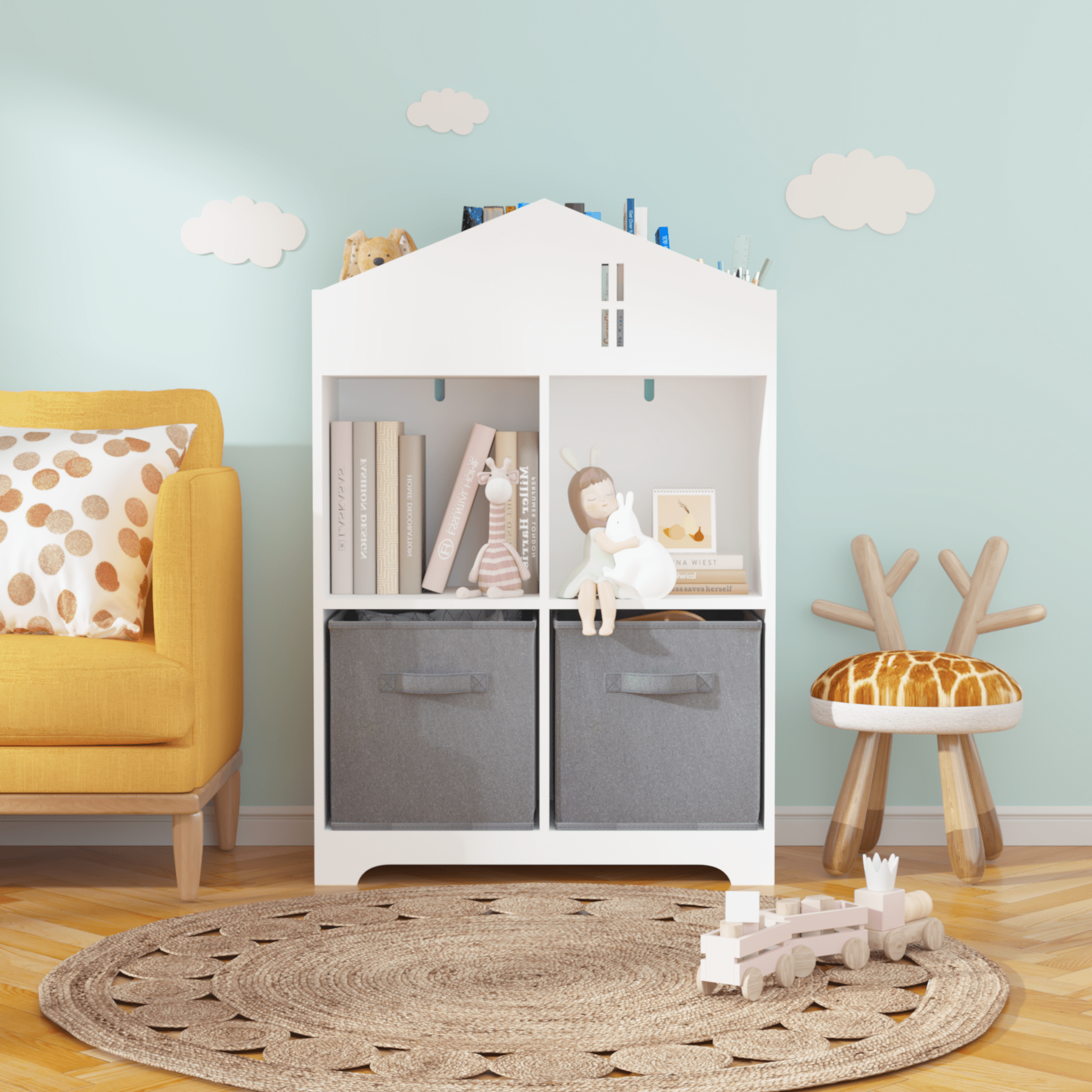 Kids Dollhouse Bookcase with Storage, 2-Tier Storage Display Organizer, Toddler Bookshelf with 2 Collapsible Fabric Drawers for Bedroom or Playroom (White/Gray)