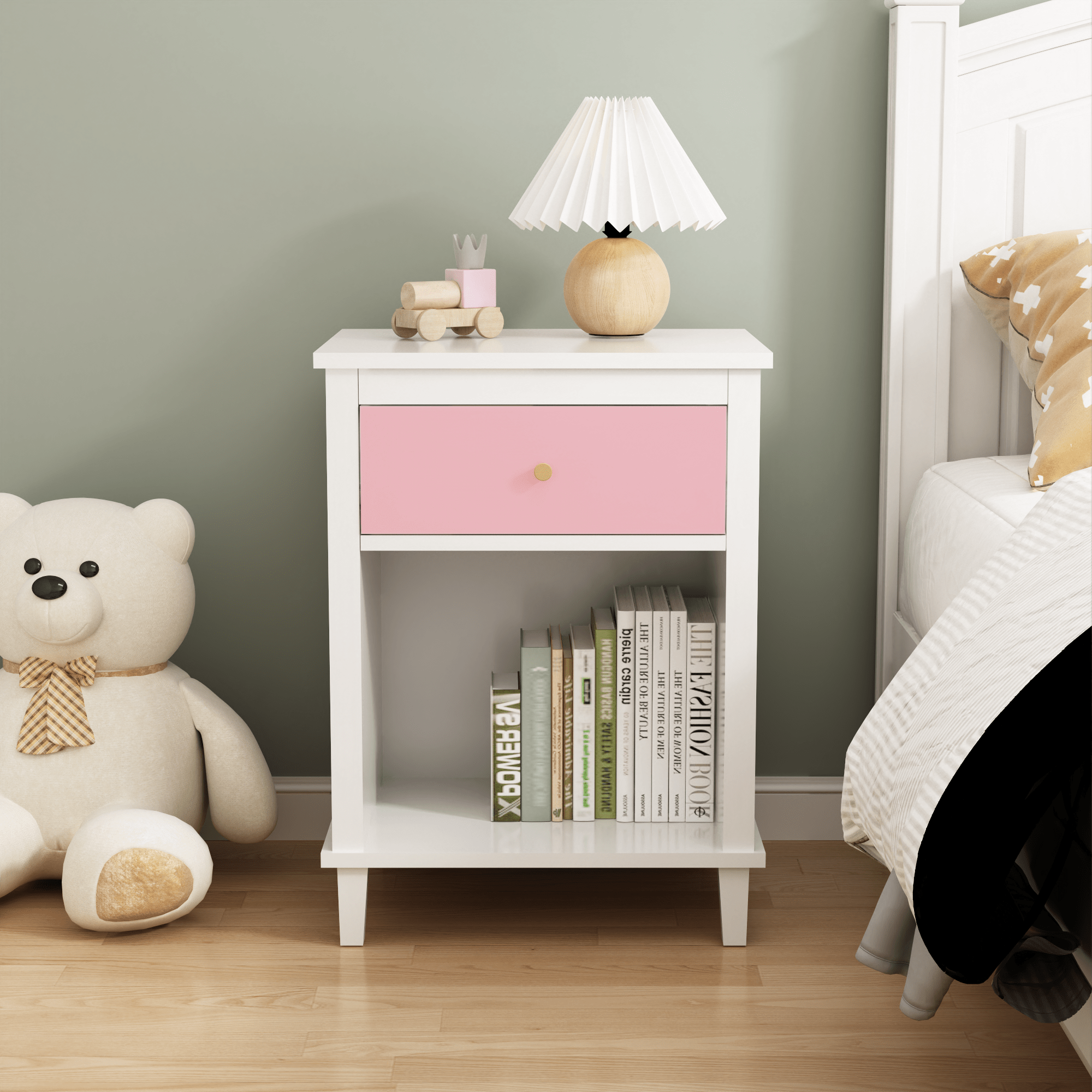 26.77''H Wooden Nightstand with One Drawer One Shelf for Kids, Adults, Pink
