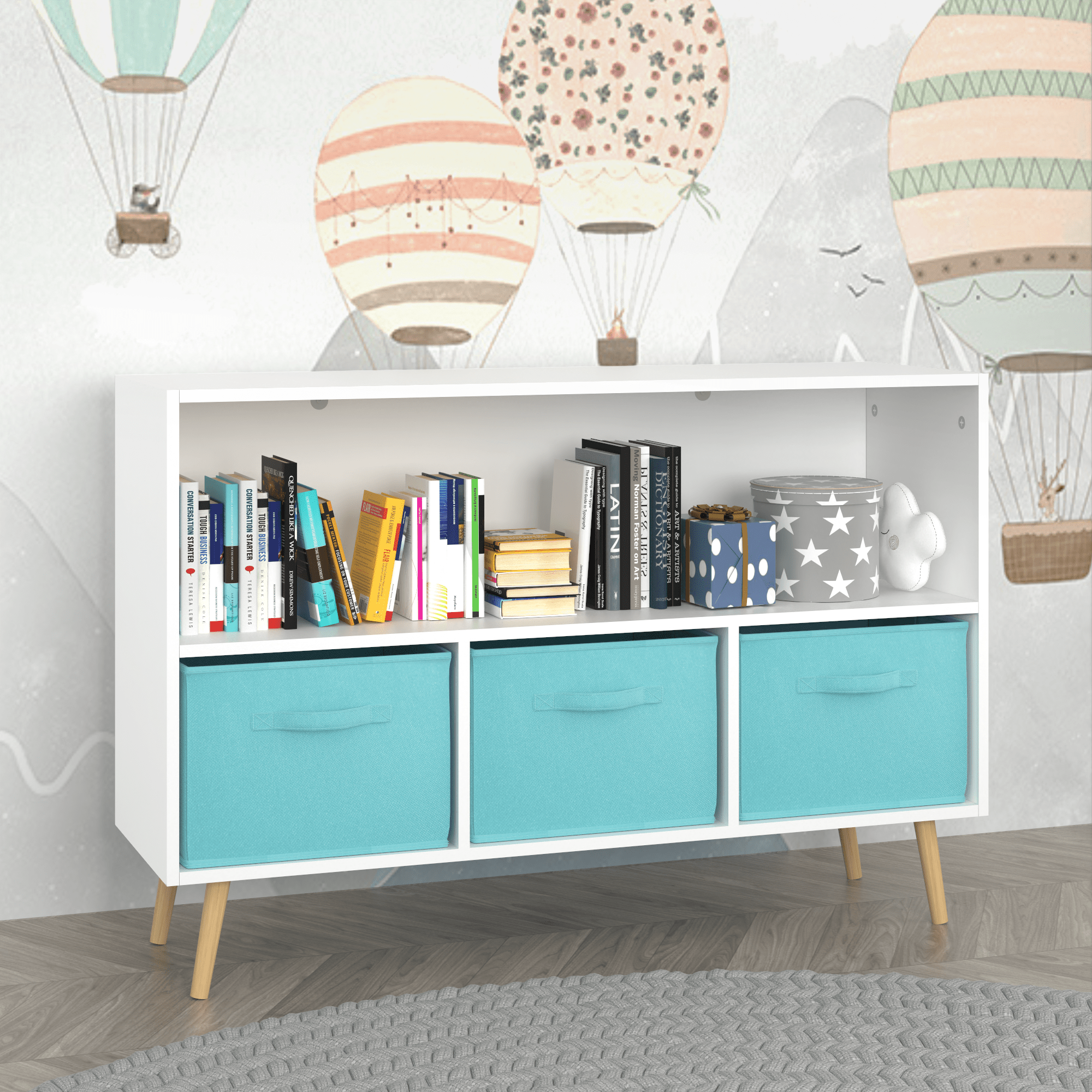 Kids bookcase with Collapsible Fabric Drawers, Children's Book Display, Toy Storage Cabinet Organizer, White/Blue