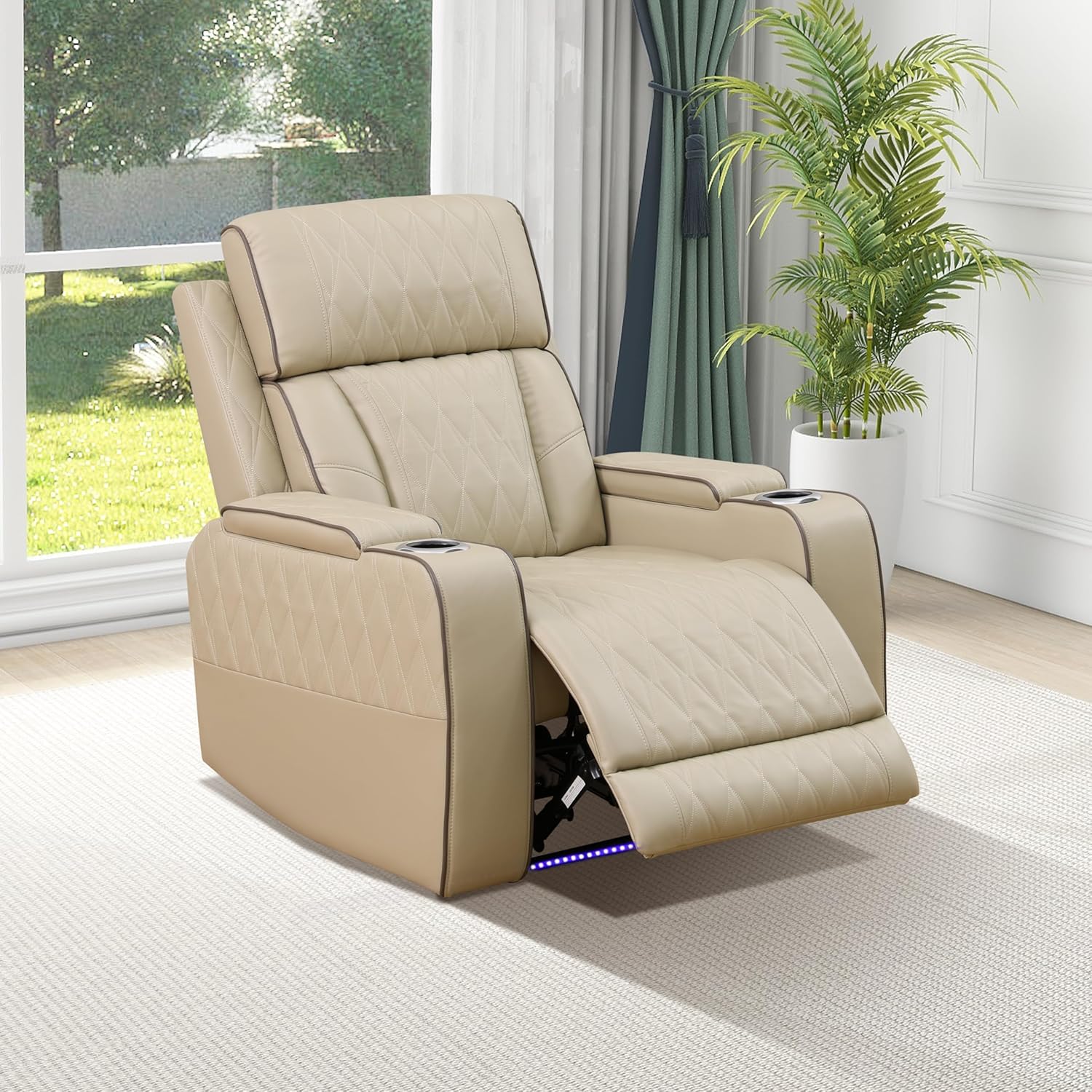 UNEEDE Recliner Chair with Storage, Breathable Leather Reclining Chair Couch with Cup Holder Comfy Armrest Backrest, Adjustable Angle Ergonomic Design for Living Room Bedroom RV Beige