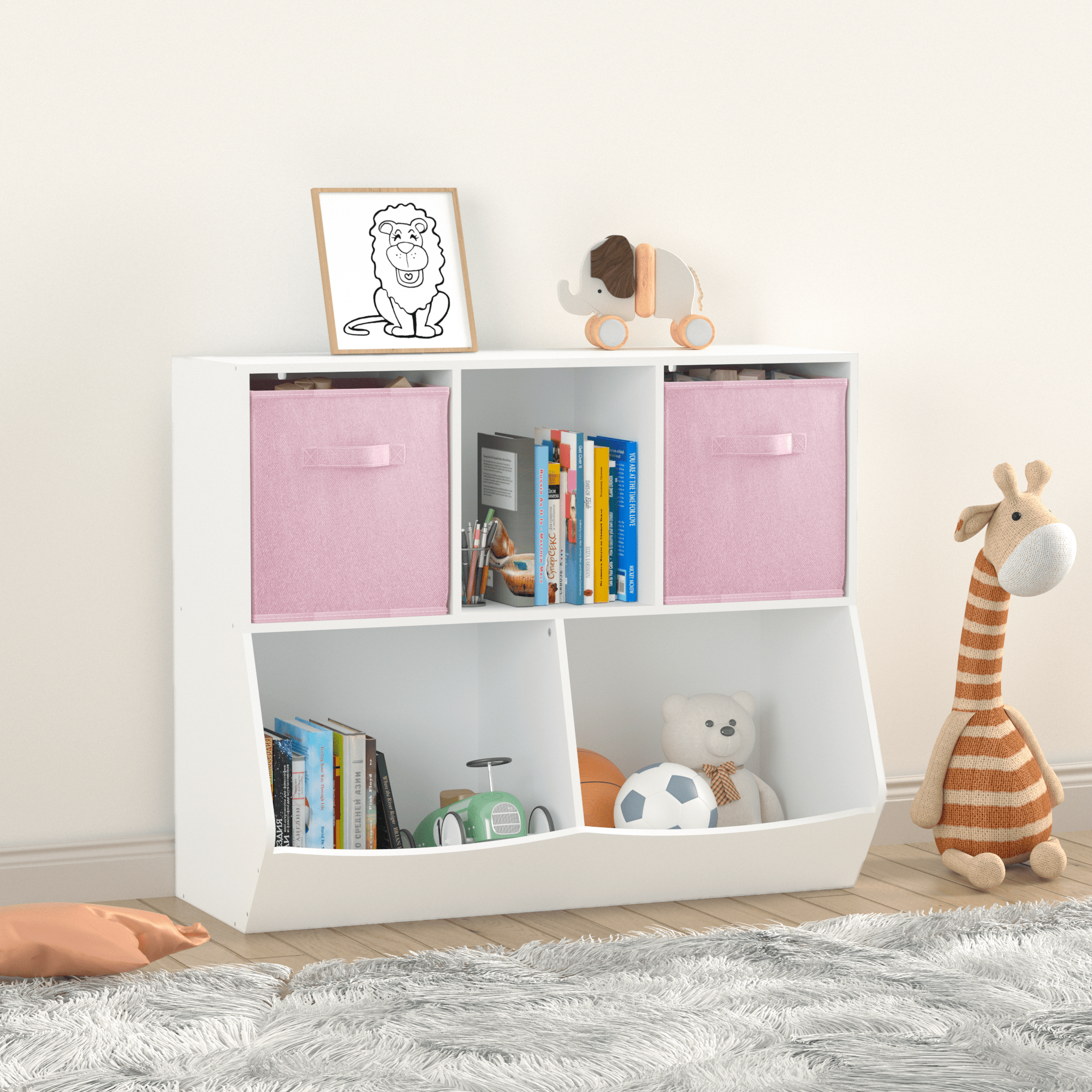 Kids Bookcase with Collapsible Fabric Drawers, Children's Toy Storage Cabinet for Playroom, Bedroom, Nursery, School, White/Pink