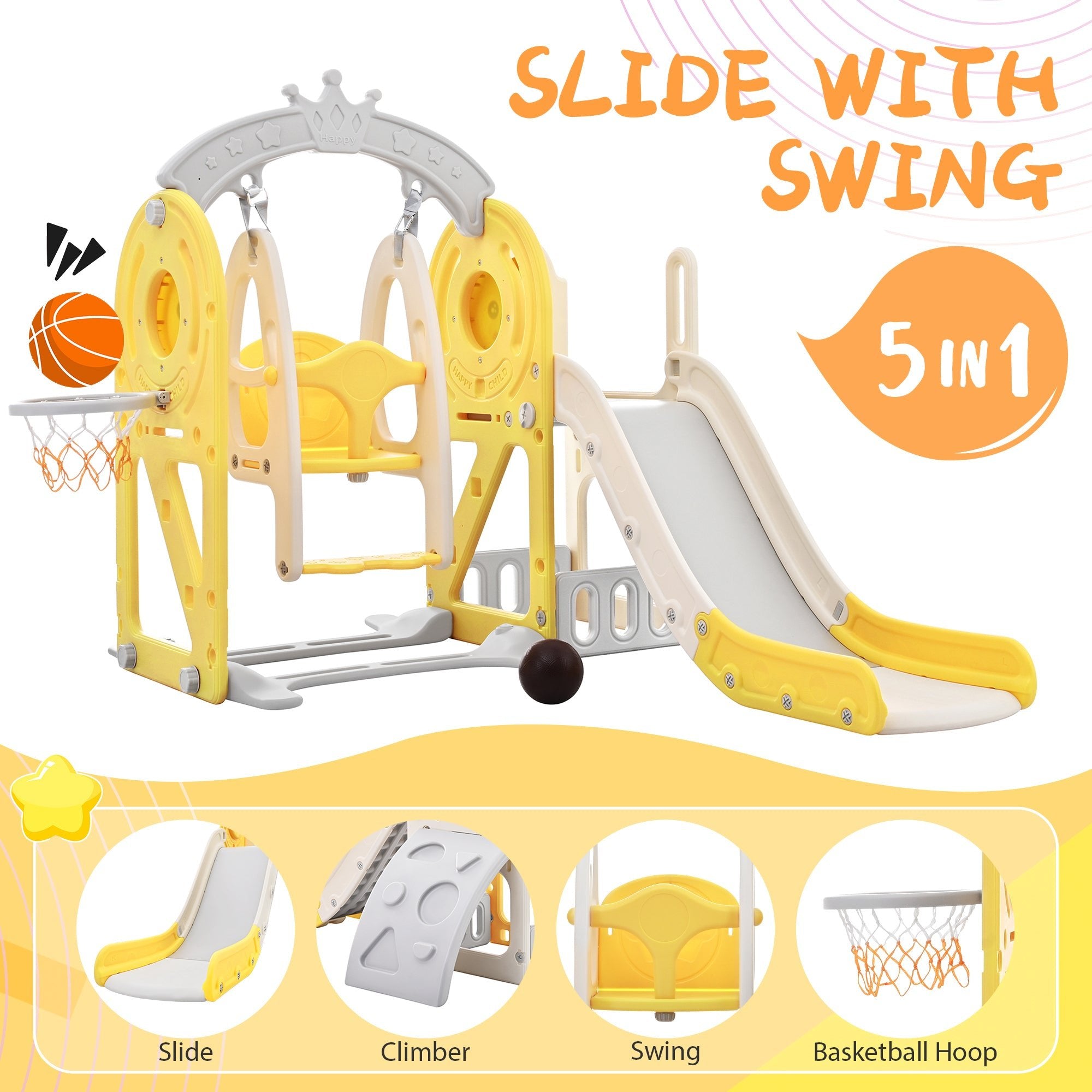 Toddler Slide and Swing Set 5 in 1, Kids Playground Climber Slide Playset with Basketball Hoop Freestanding Combination for Babies Indoor & Outdoor