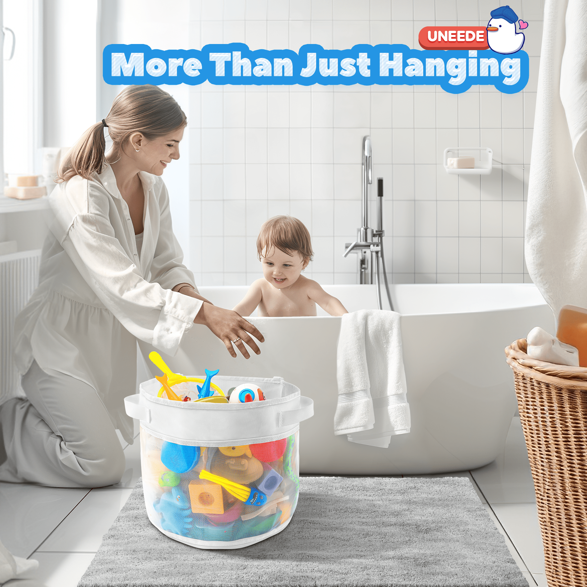 UNEEDE Bath Toy Organizer,1.55 Gallons Bathtub Toy Storage Organizer,Quick Access Bath Toy Holder For Bathtub,Baby Organizer And Storage,Quick Dry Baby Bath Toy Storage For Tub,Mesh Shower Caddy White