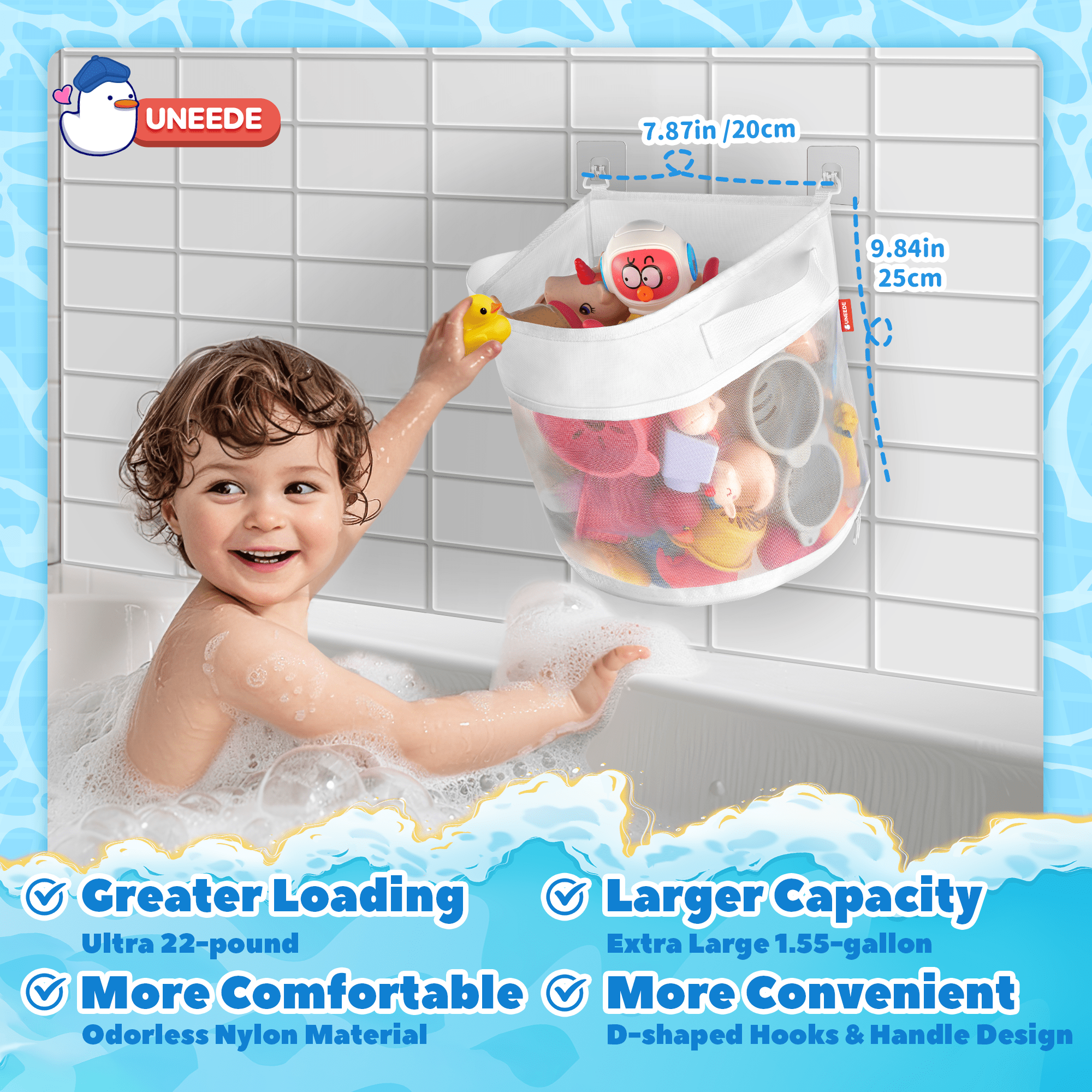 UNEEDE Bath Toy Organizer,1.55 Gallons Bathtub Toy Storage Organizer,Quick Access Bath Toy Holder For Bathtub,Baby Organizer And Storage,Quick Dry Baby Bath Toy Storage For Tub,Mesh Shower Caddy White