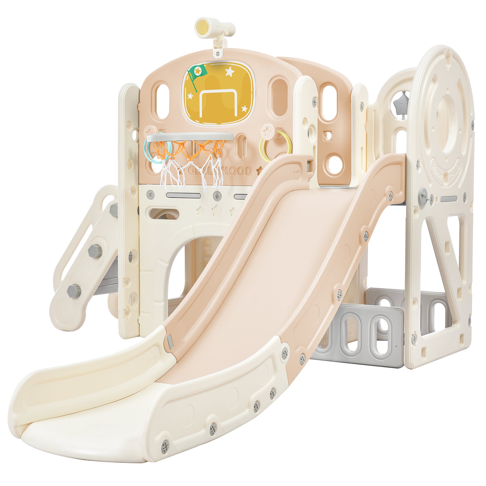 Kids Slide Playset Structure, Freestanding Castle Climbing Crawling Playhouse with Slide, Arch Tunnel, Ring Toss, and Basketball Hoop, Toy Storage Organizer for Toddlers, Kids Climbers Playground