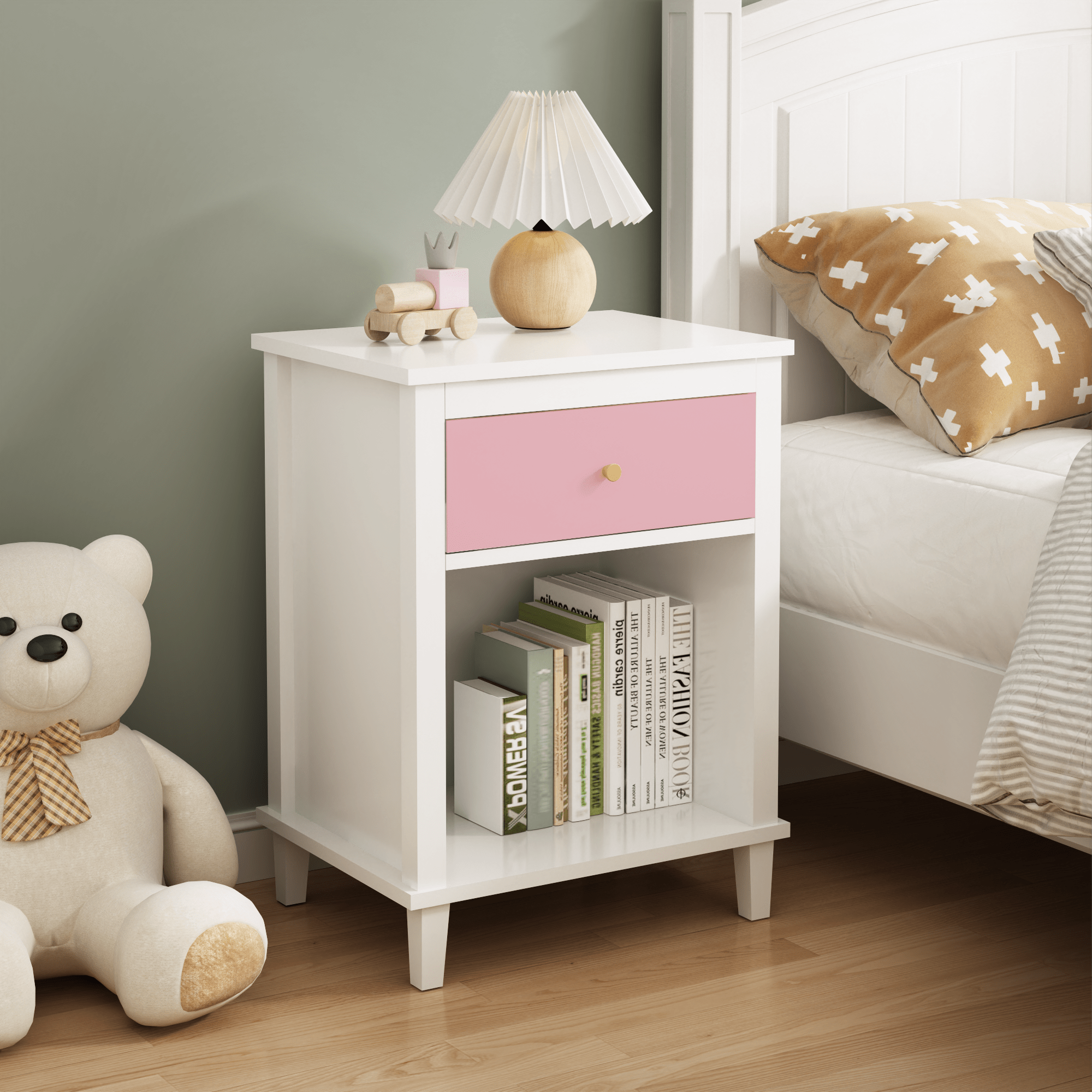 26.77''H Wooden Nightstand with One Drawer One Shelf for Kids, Adults, Pink