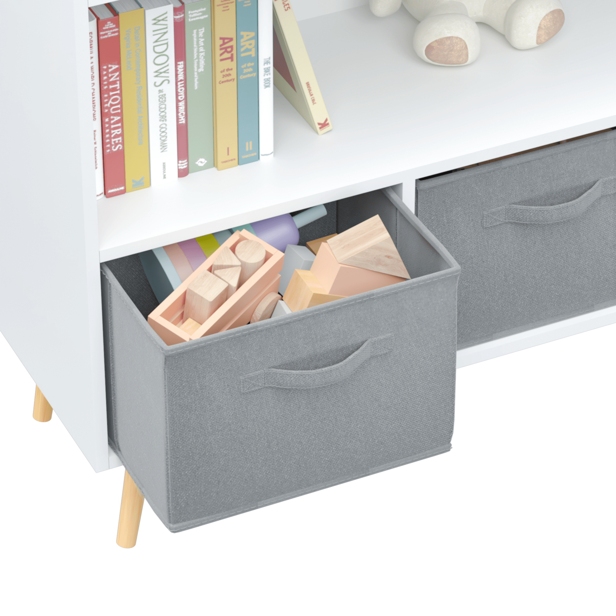 Kids bookcase with Collapsible Fabric Drawers, Children's Book Display, Toy Storage Cabinet Organizer, White/Gray