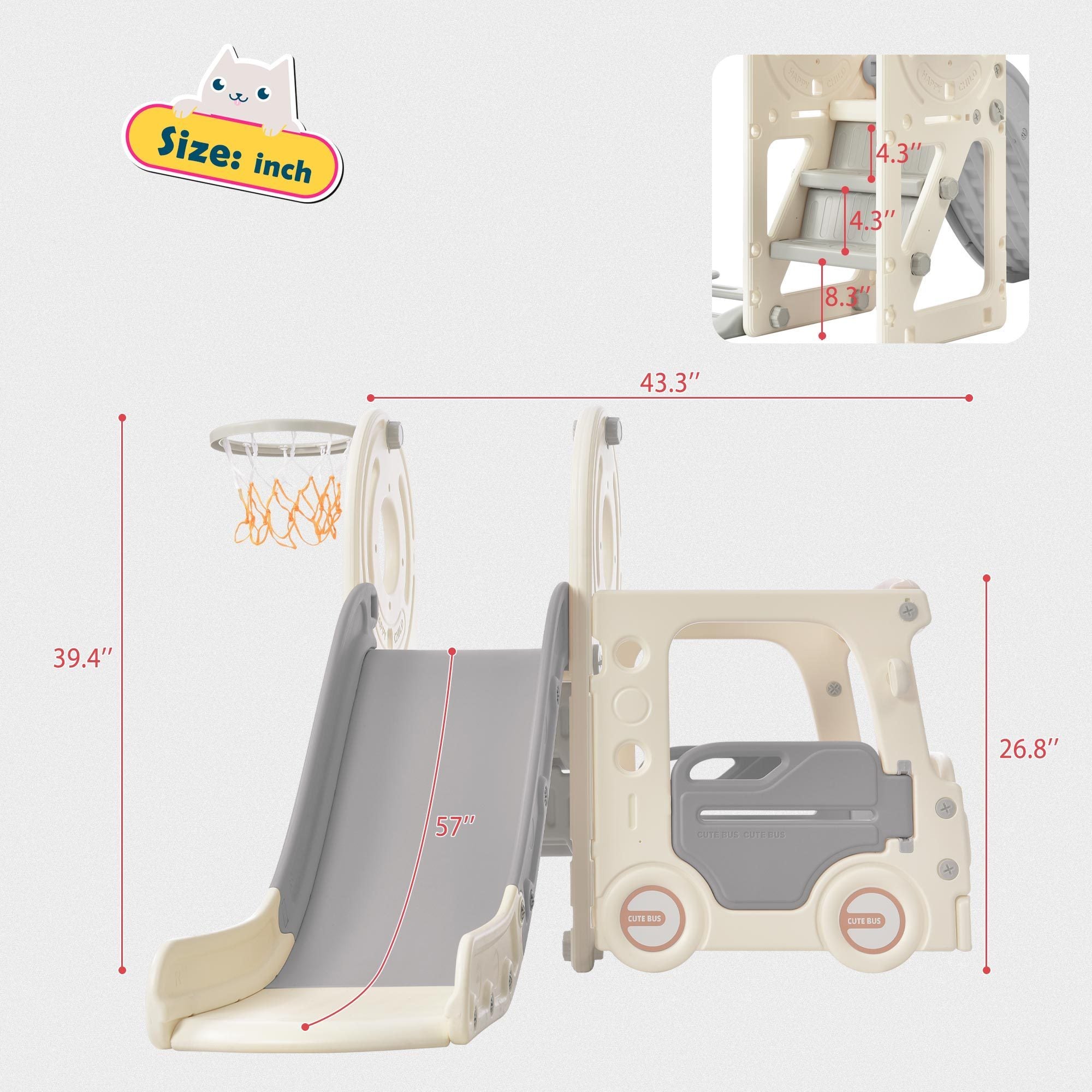 Kids Slide with Bus Play Structure, Freestanding Bus Toy with Slide for Toddlers, Bus Slide Set with Basketball Hoop