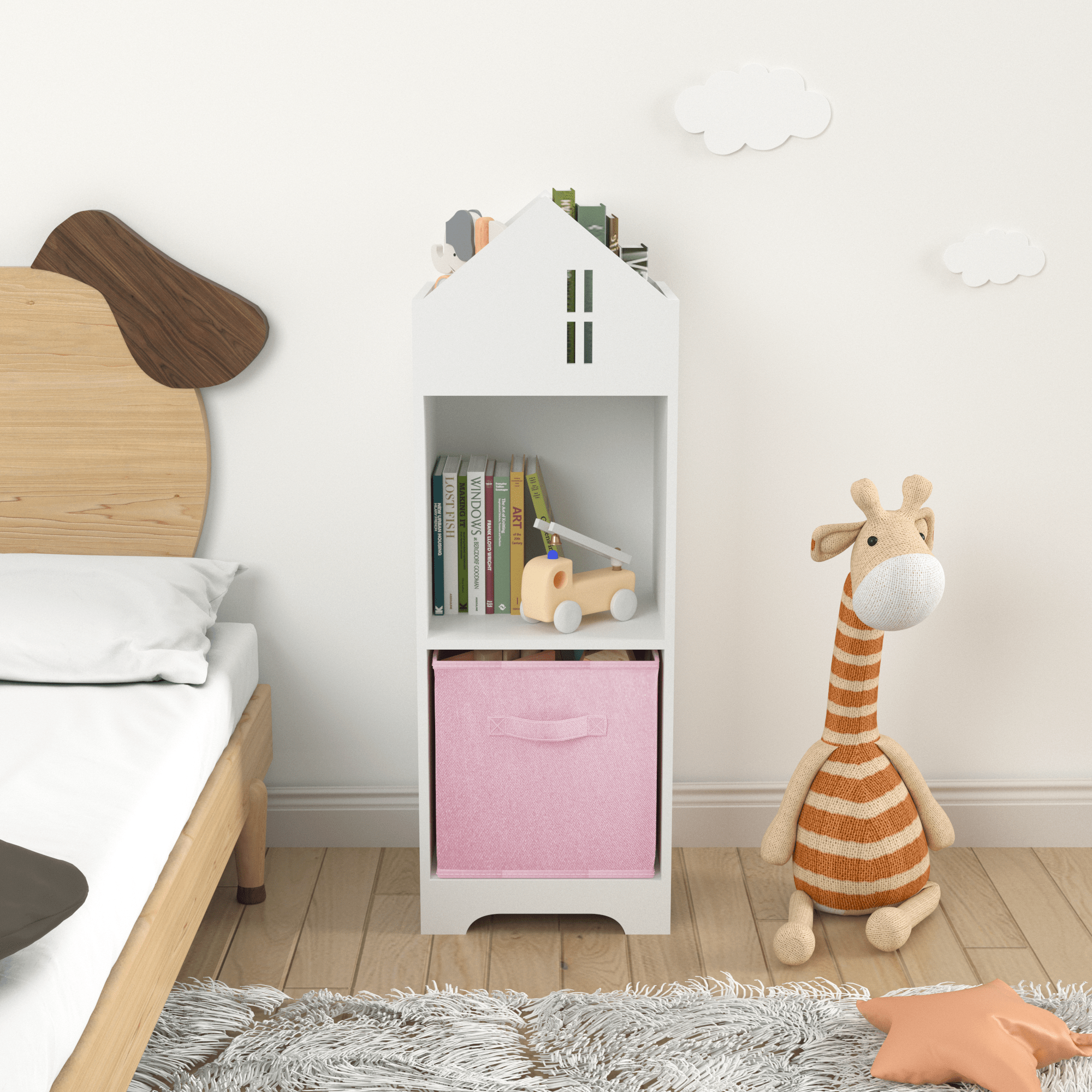 Kids Dollhouse Bookcase with Storage, 2-Tier Storage Display Organizer, Toddler Bookshelf with Collapsible Fabric Drawers for Bedroom or Playroom (White/Pink)