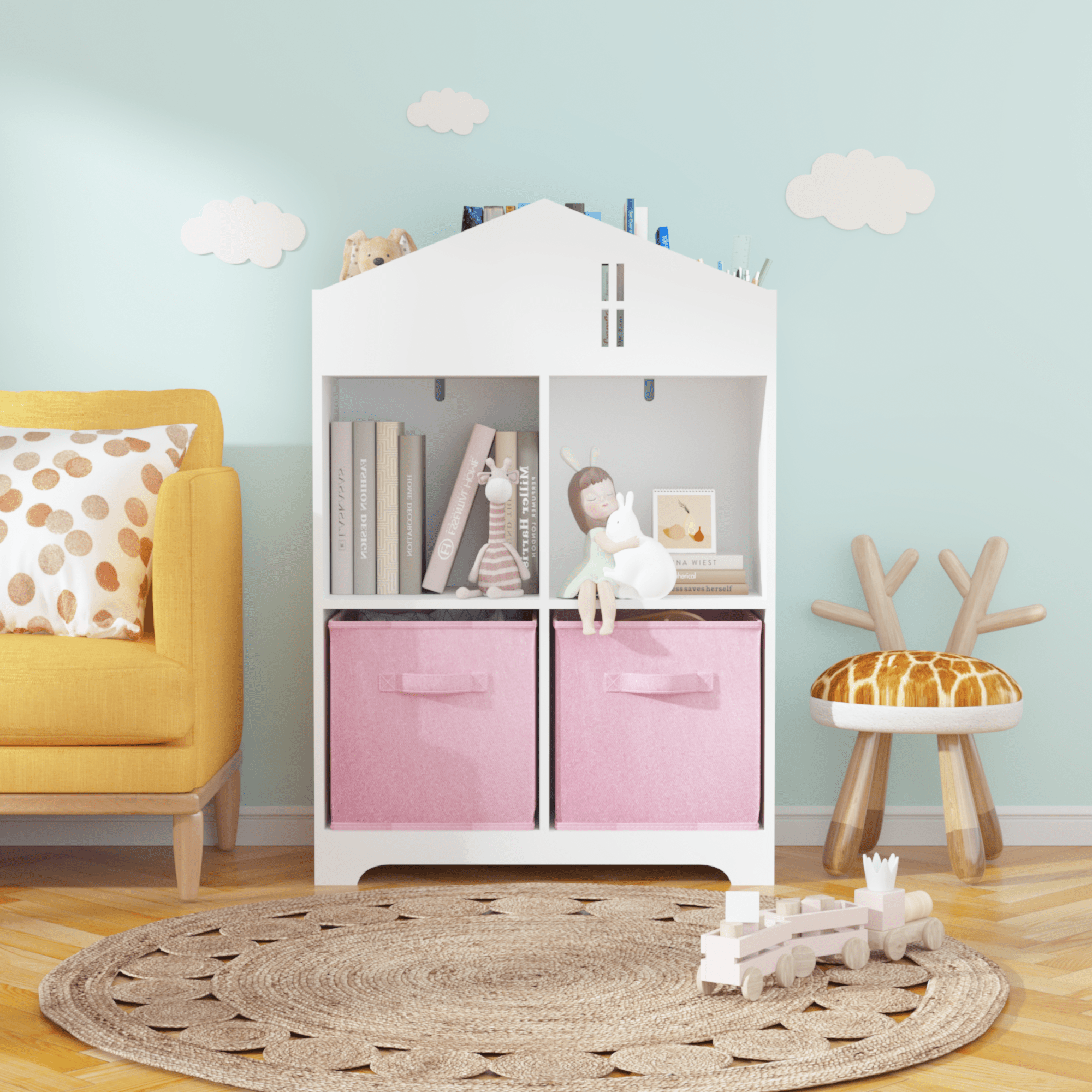 Kids Dollhouse Bookcase with Storage, 2-Tier Storage Display Organizer, Toddler Bookshelf with 2 Collapsible Fabric Drawers for Bedroom or Playroom (White/Pink)