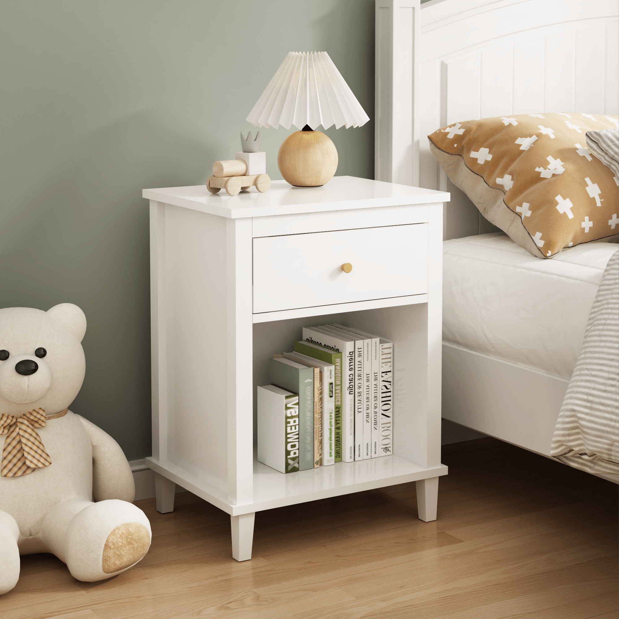 26.77''H Wooden Nightstand with One Drawer One Shelf for Kids, Adults, White
