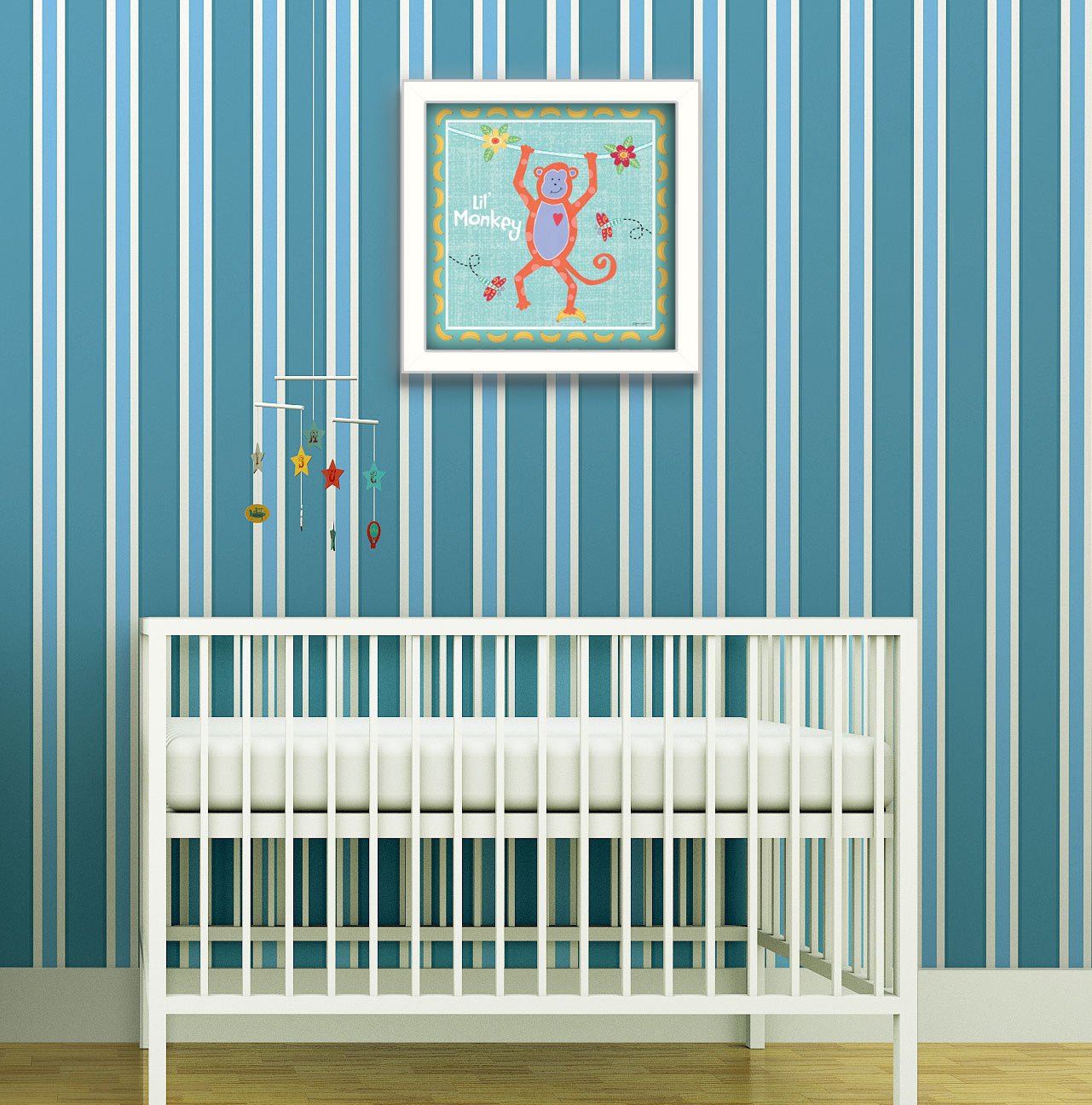 "Beetle and Bob Baby Monkey" By Annie LaPoint, Printed Wall Art, Ready To Hang Framed Poster, White Frame