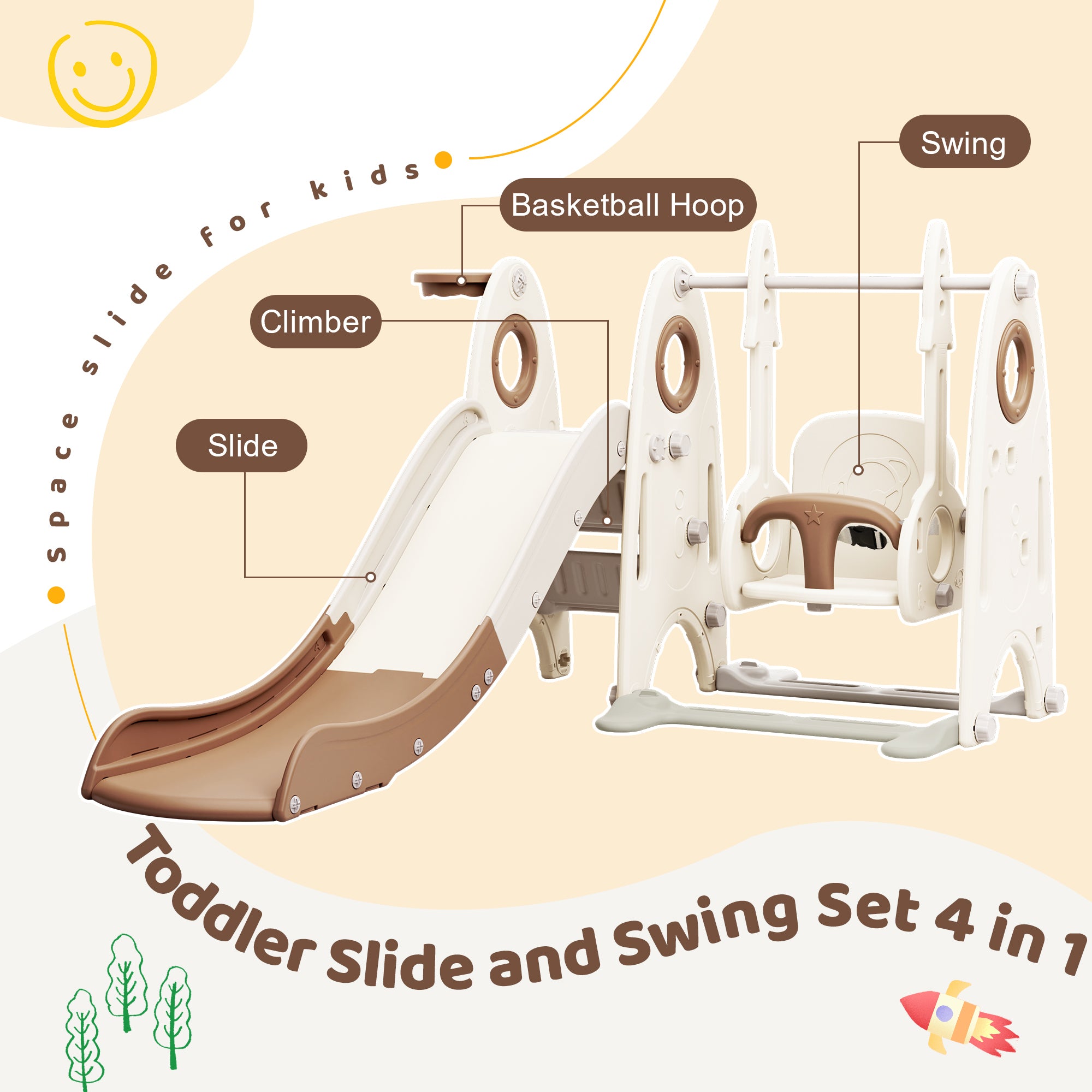 4 in 1 Toddler Slide and Swing Set, Kids Playground Climber Slide Playset with Basketball Hoop,Freestanding Combination for babies