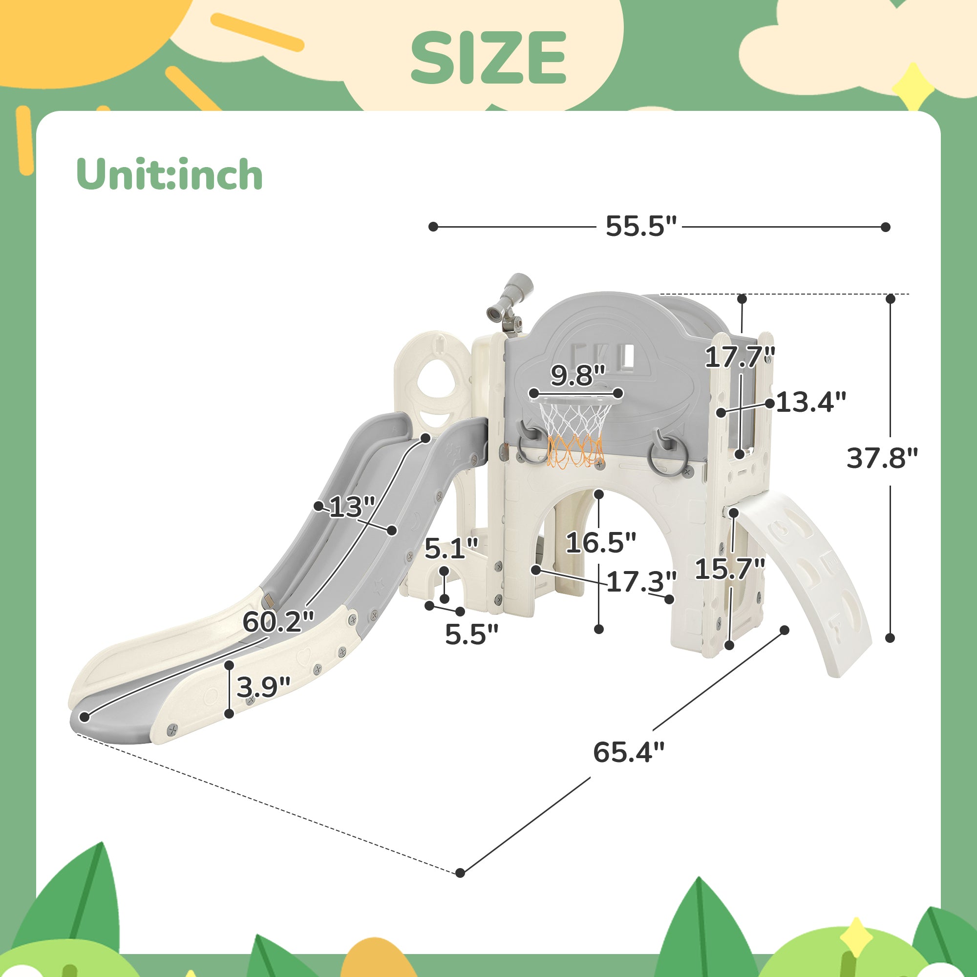 Kids Slide Playset Structure 7 in 1, Freestanding  Spaceship Set with Slide, Arch Tunnel, Ring Toss and Basketball Hoop, Toy Storage Organizer for Toddlers, Kids Climbers Playground