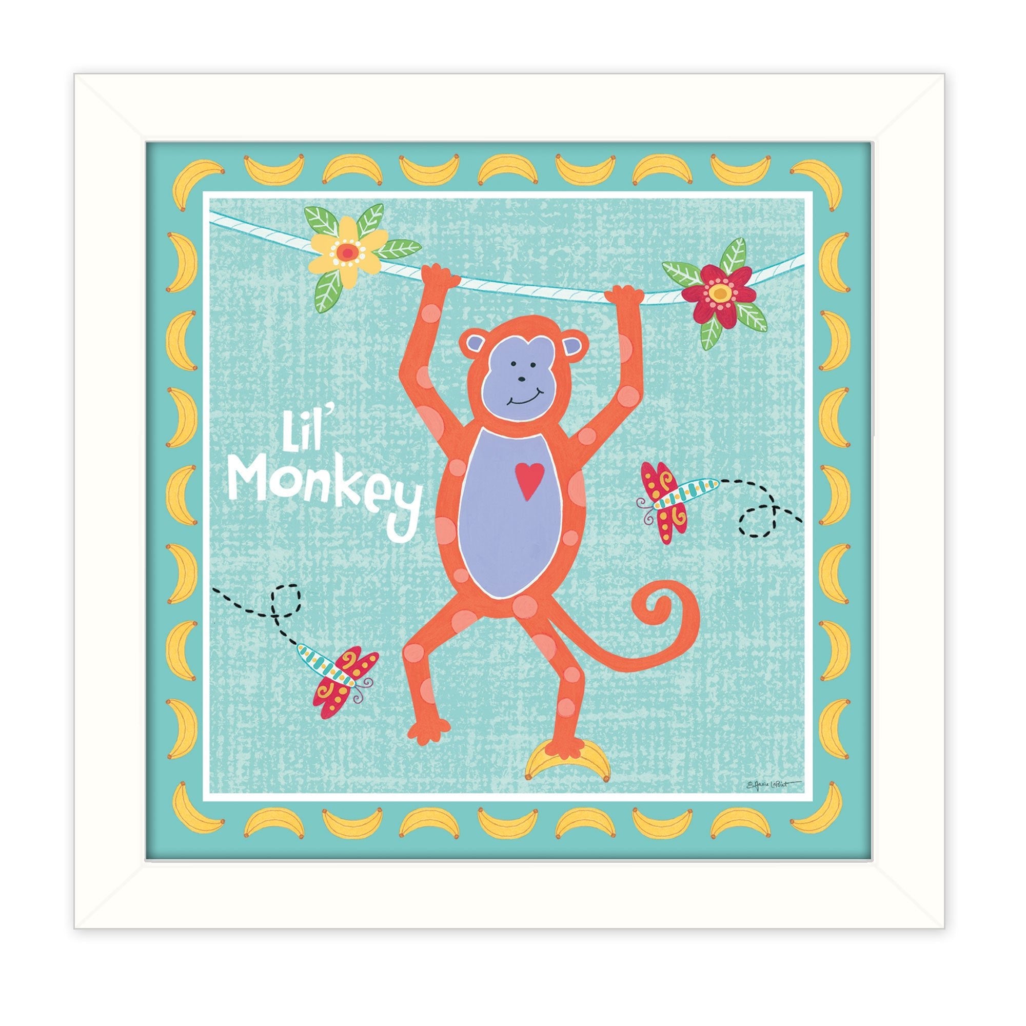 "Beetle and Bob Baby Monkey" By Annie LaPoint, Printed Wall Art, Ready To Hang Framed Poster, White Frame
