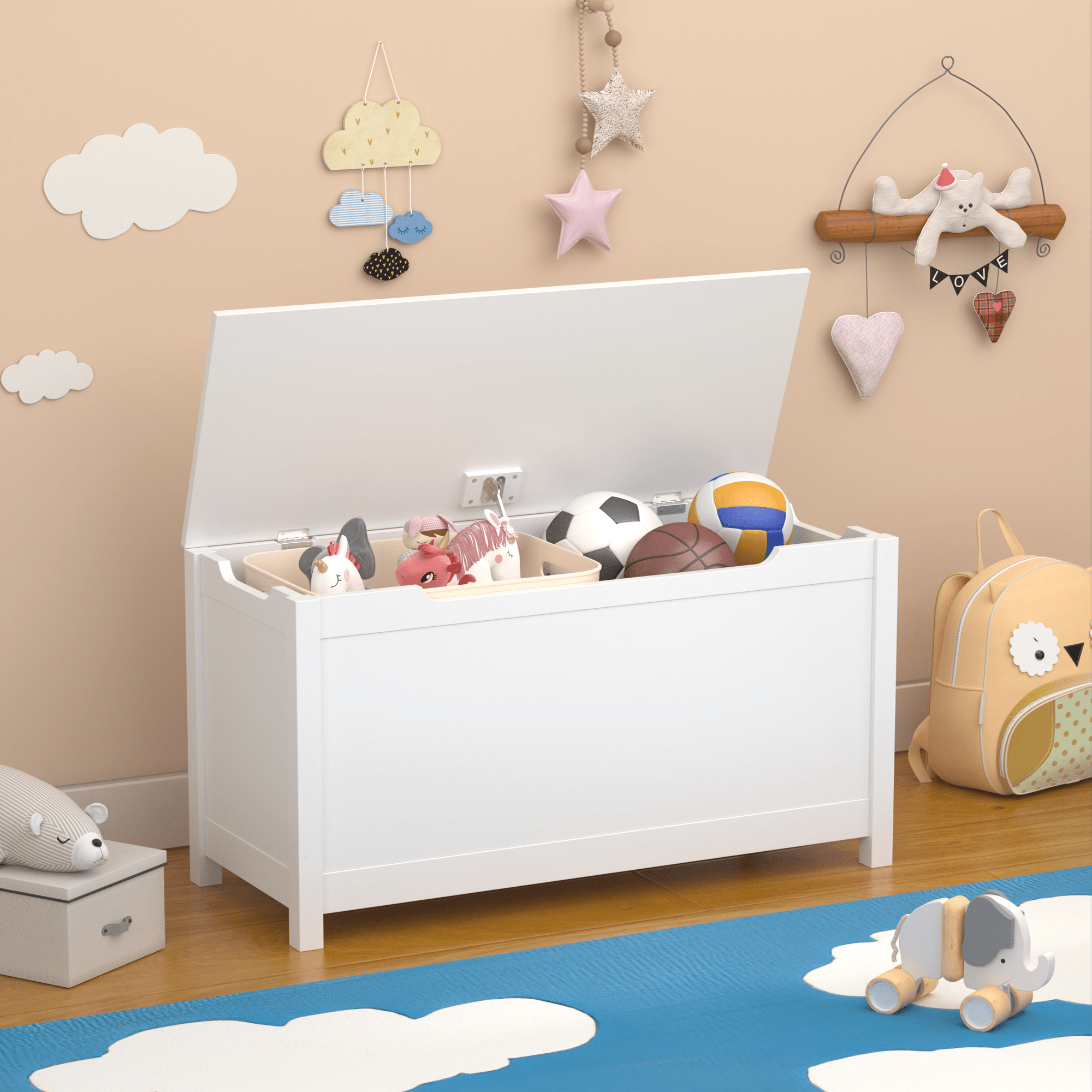 Kids Wooden Toy Box Storage with Safety Hinged Lid for Ages 2+ (White)