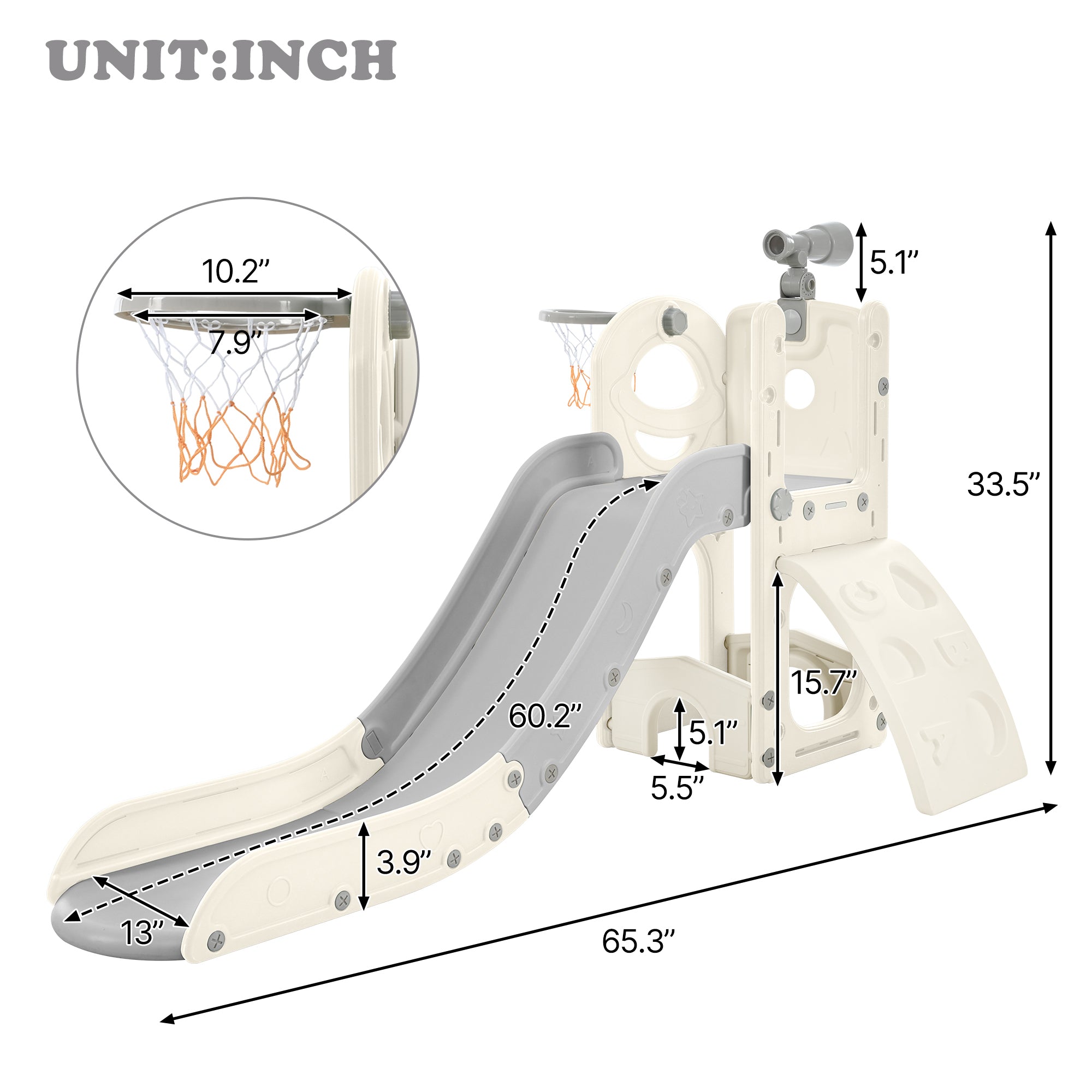 Kids Slide Playset Structure 5 in 1, Freestanding  Spaceship Set with Slide, Telescope and Basketball Hoop, Golf Holes for Toddlers, Kids Climbers Playground