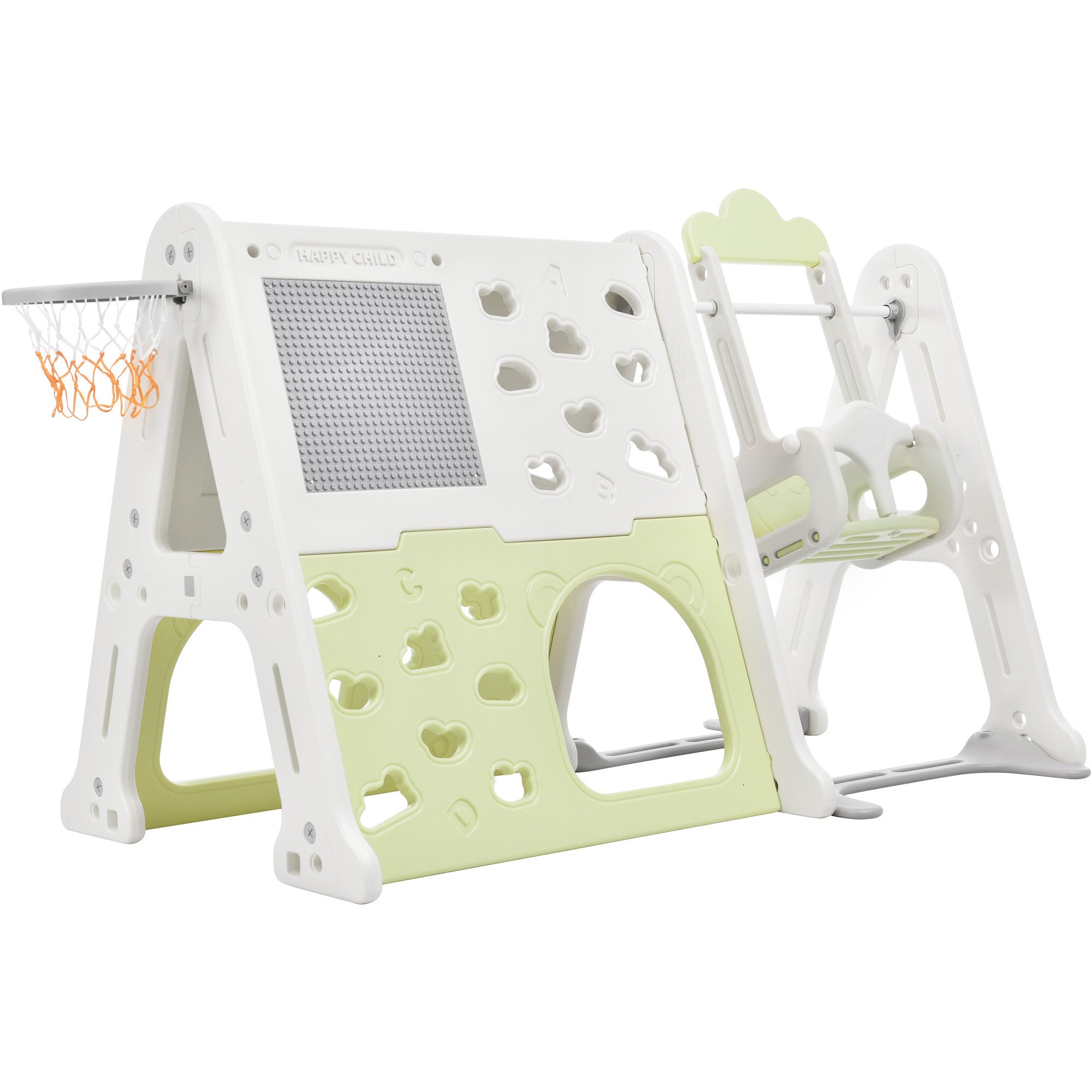 6-in-1 Toddler Climber and Swing Set Kids Playground Climber Swing Playset with Tunnel, Climber, Whiteboard,Toy Building Block Baseplates, Basketball Hoop Combination for Babies