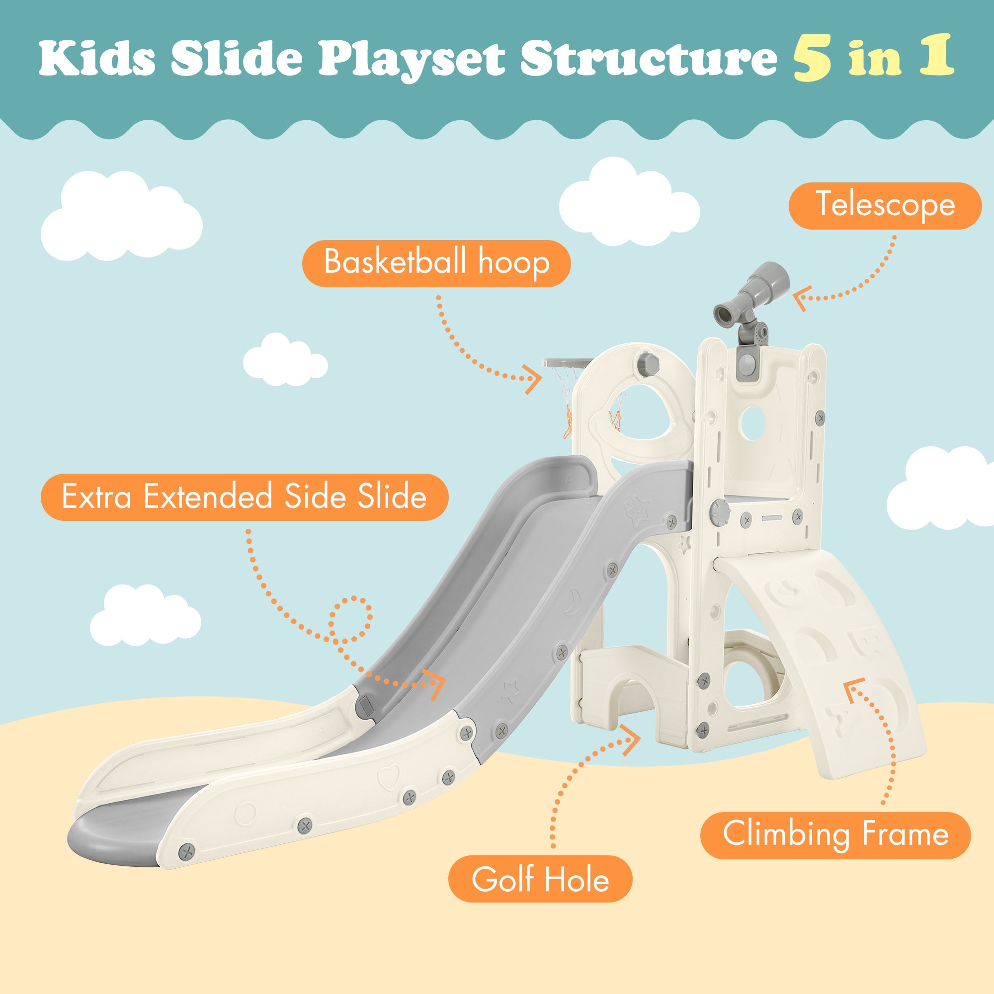 Kids Slide Playset Structure 5 in 1, Freestanding  Spaceship Set with Slide, Telescope and Basketball Hoop, Golf Holes for Toddlers, Kids Climbers Playground