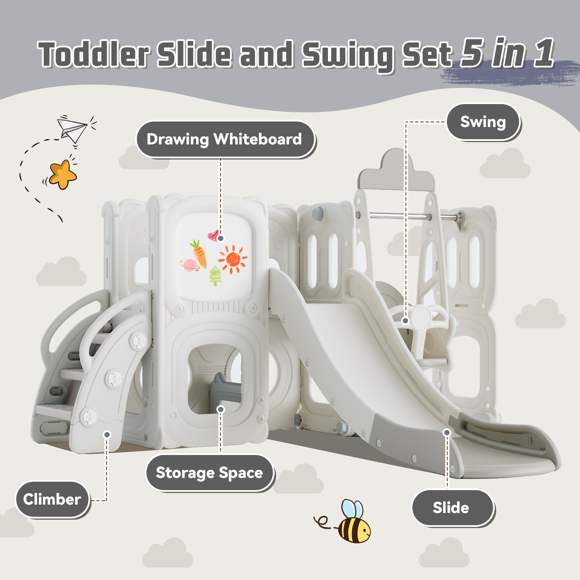 5 in 1 T
oddler Slide and Swing Set, Kids Playground Climber Slide Playset with Drawing Whiteboard, Freestanding Combination for Babies