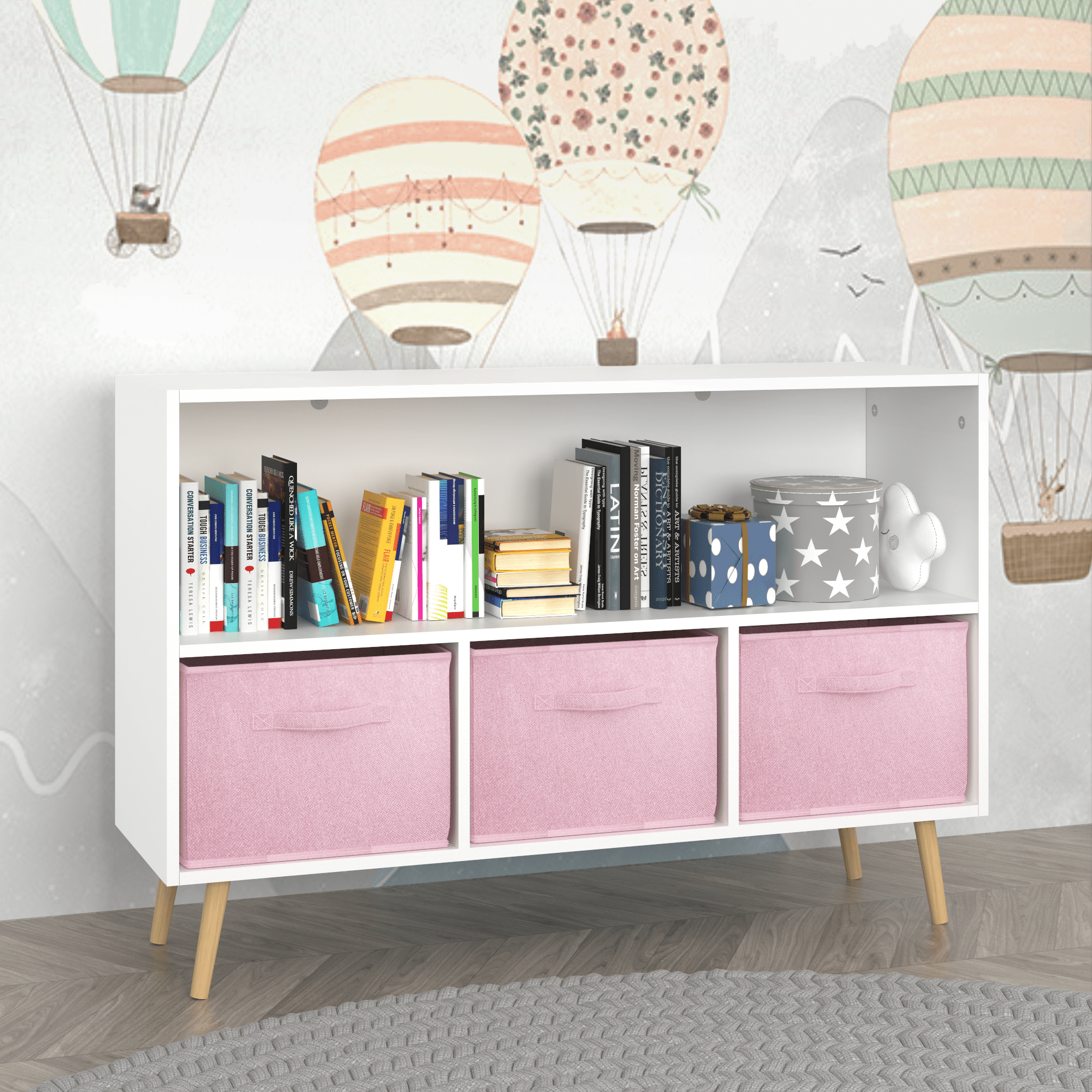 Kids bookcase with Collapsible Fabric Drawers, Children's Book Display, Toy Storage Cabinet Organizer, White/Pink