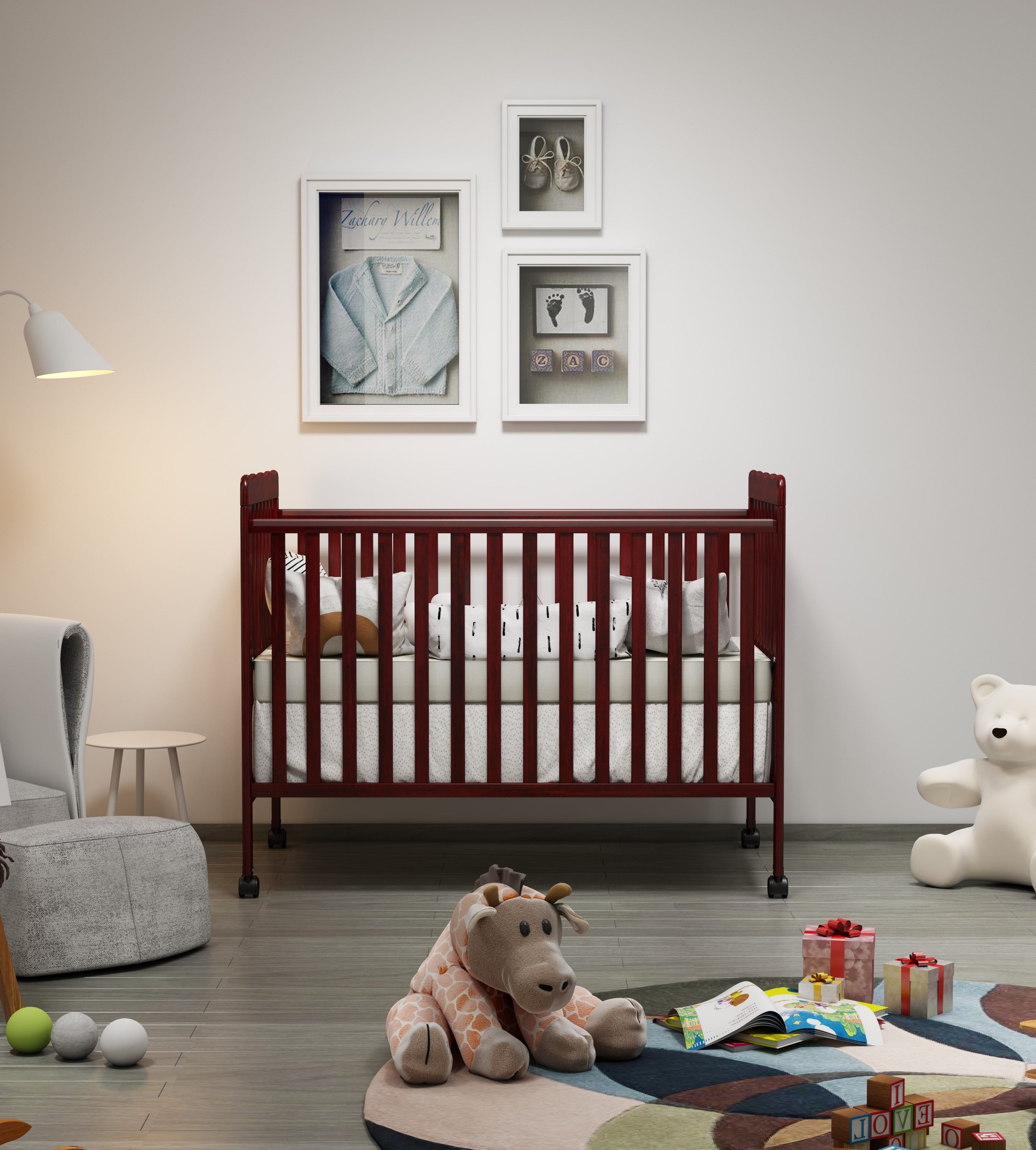 3-In-1 Convertible Crib In Espresso, Made Of Sustainable Pinewood, Non-Toxic Finish, Comes With Locking Wheels, Wooden Nursery Furniture