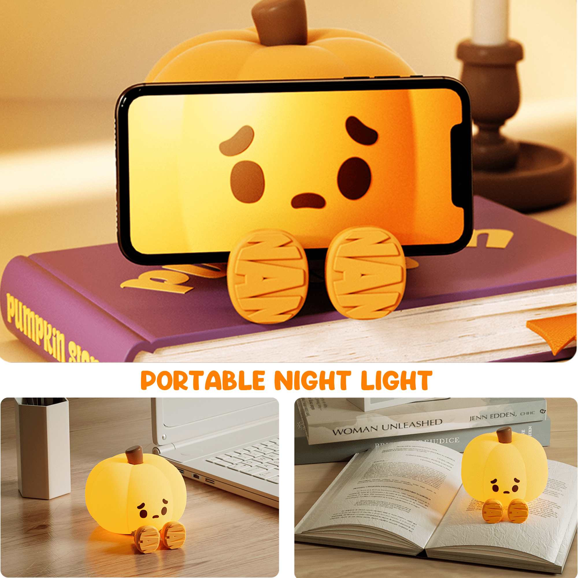 UNEEDE LED Cute Pumpkins Night Light, Cute Halloween Silicone Nursery Night Light Rechargeable Table Lamp Bedside Lamp with Touch Sensor for Bedrooms, Living Room