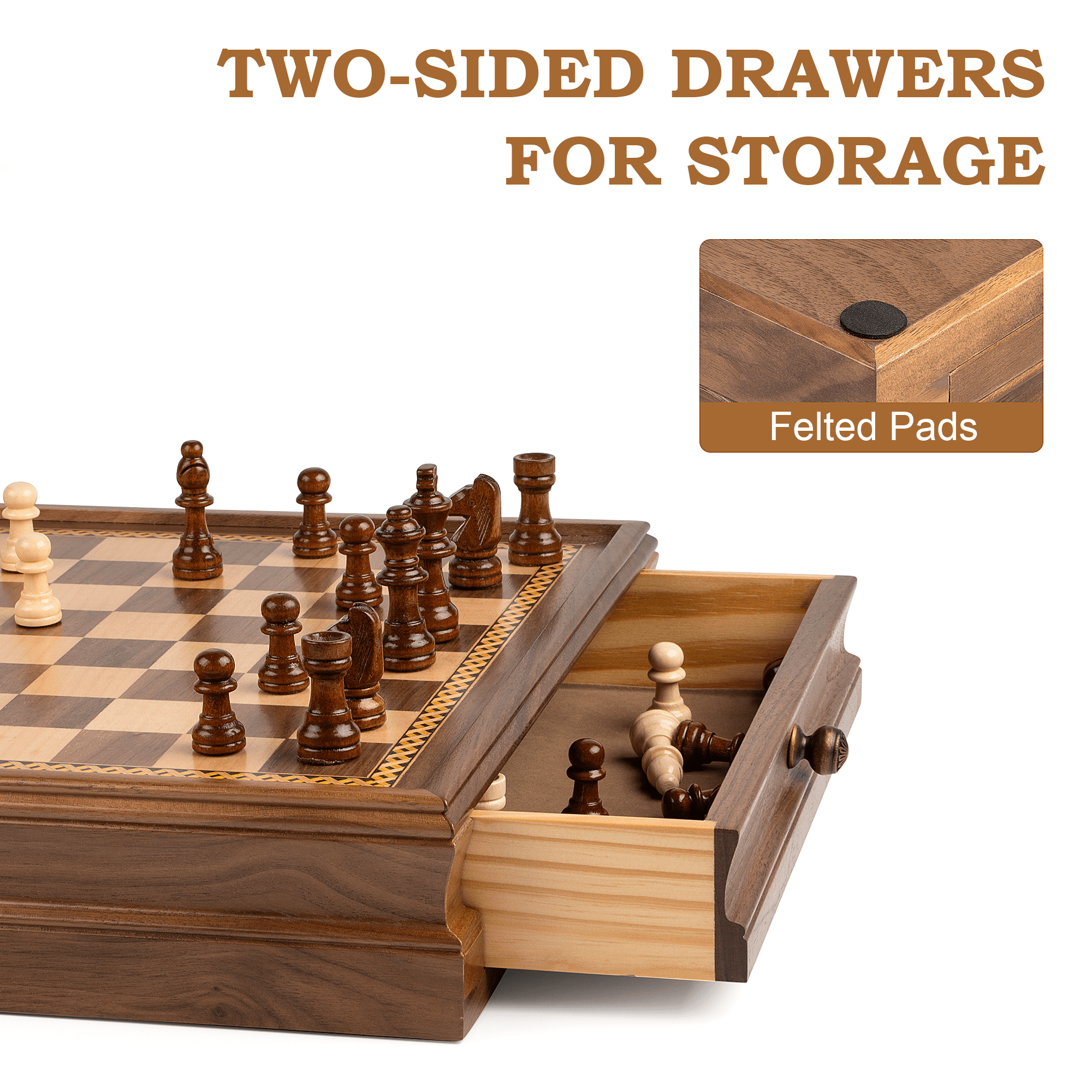 Wooden Chess and Dame Game, 2-in-1 Handmade Chess with Storage Drawer, Senior Walnut Magnetic Chess Game Board Game Gift for Party Family Activities, 39 x 39 cm