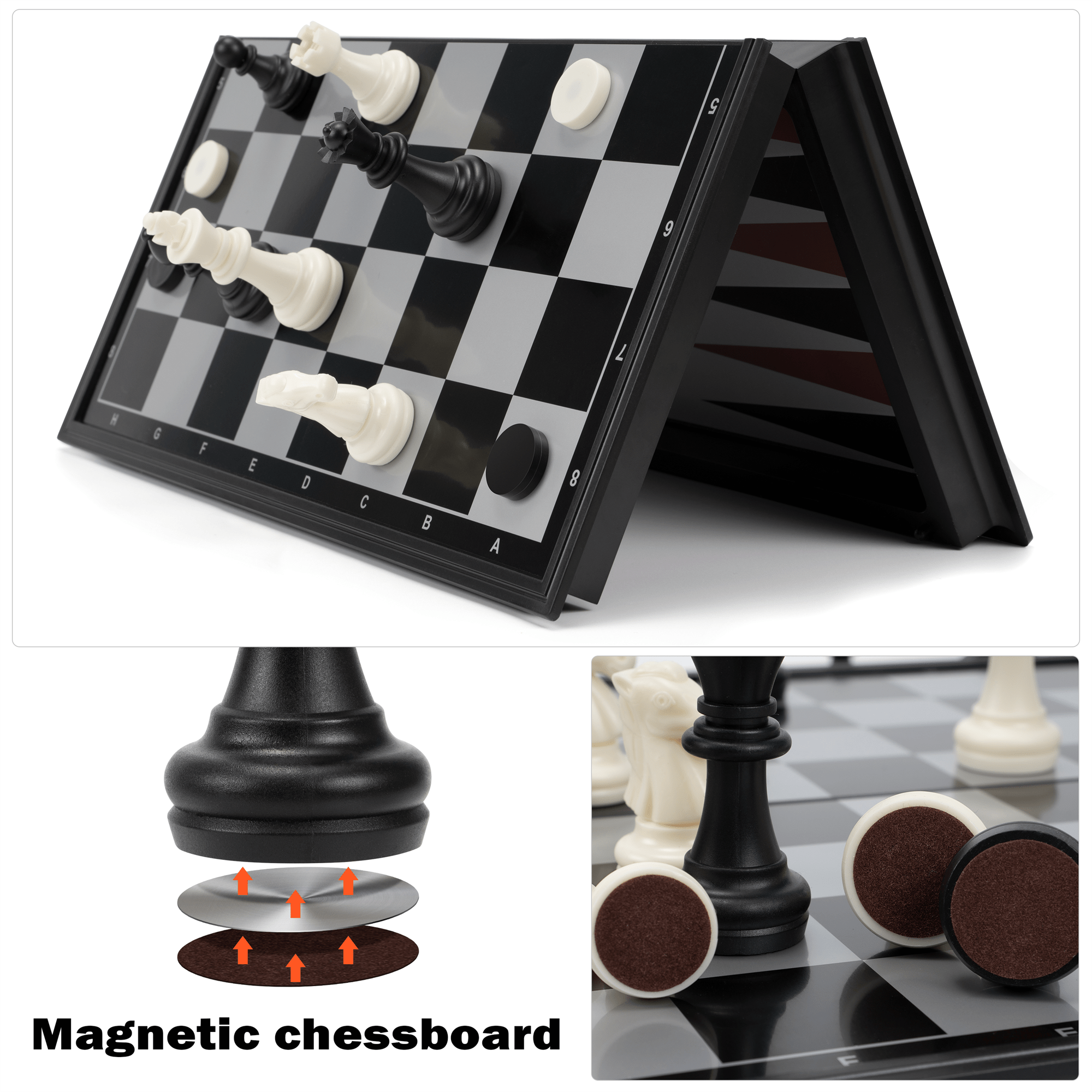 3-in-1 Magnetic Chess Game Educational Game for Kids - Travel Game, Black and White, Black and White