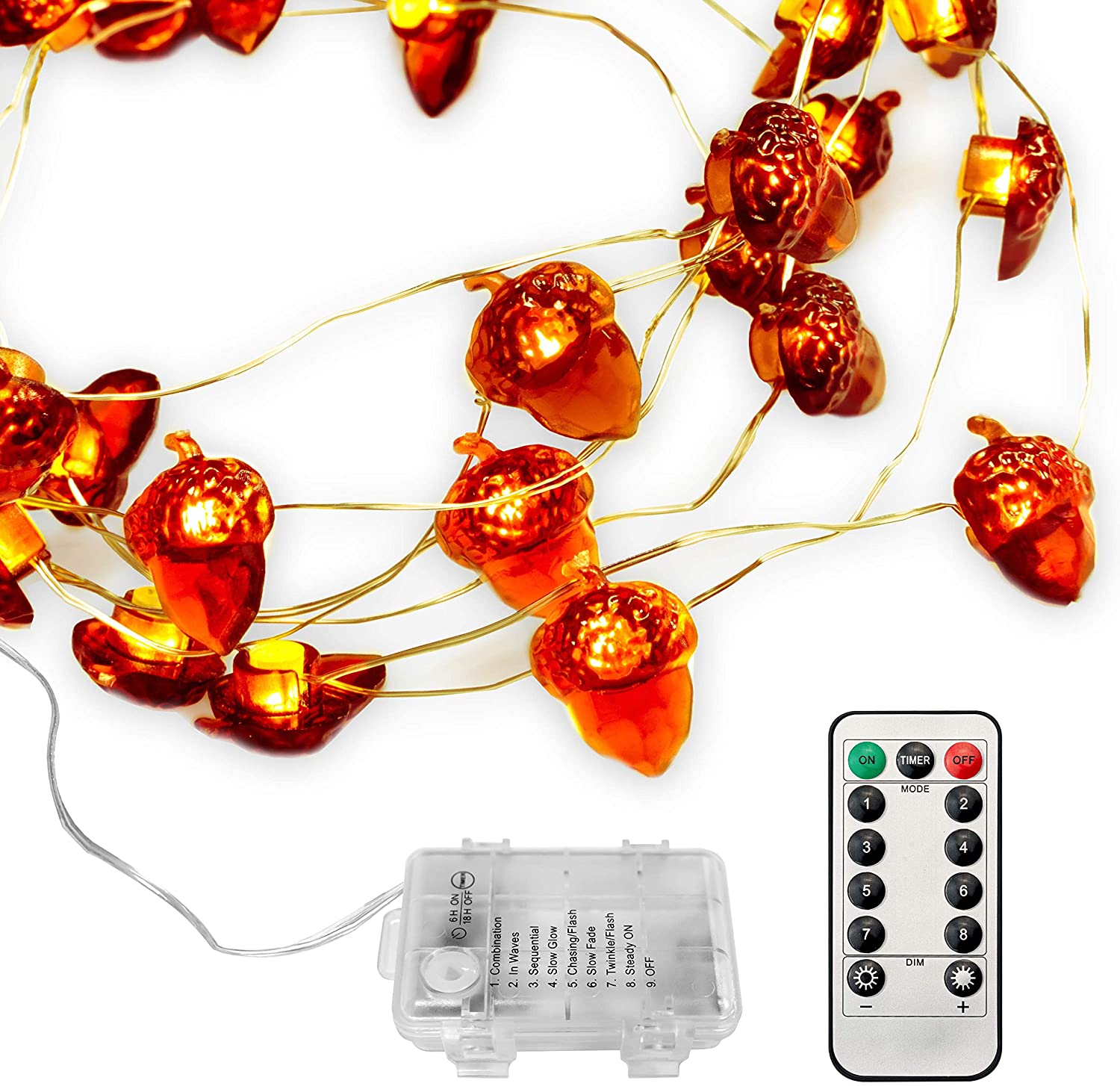 UNEEDE LED String Lights 40 LEDs Acorn Lights String Battery Powered 10ft Copper Wire Lights for Thanksgiving Decor, Indoor Ourdoor Halloween Christmas Lights Tree Decorations with Dimmable Remote