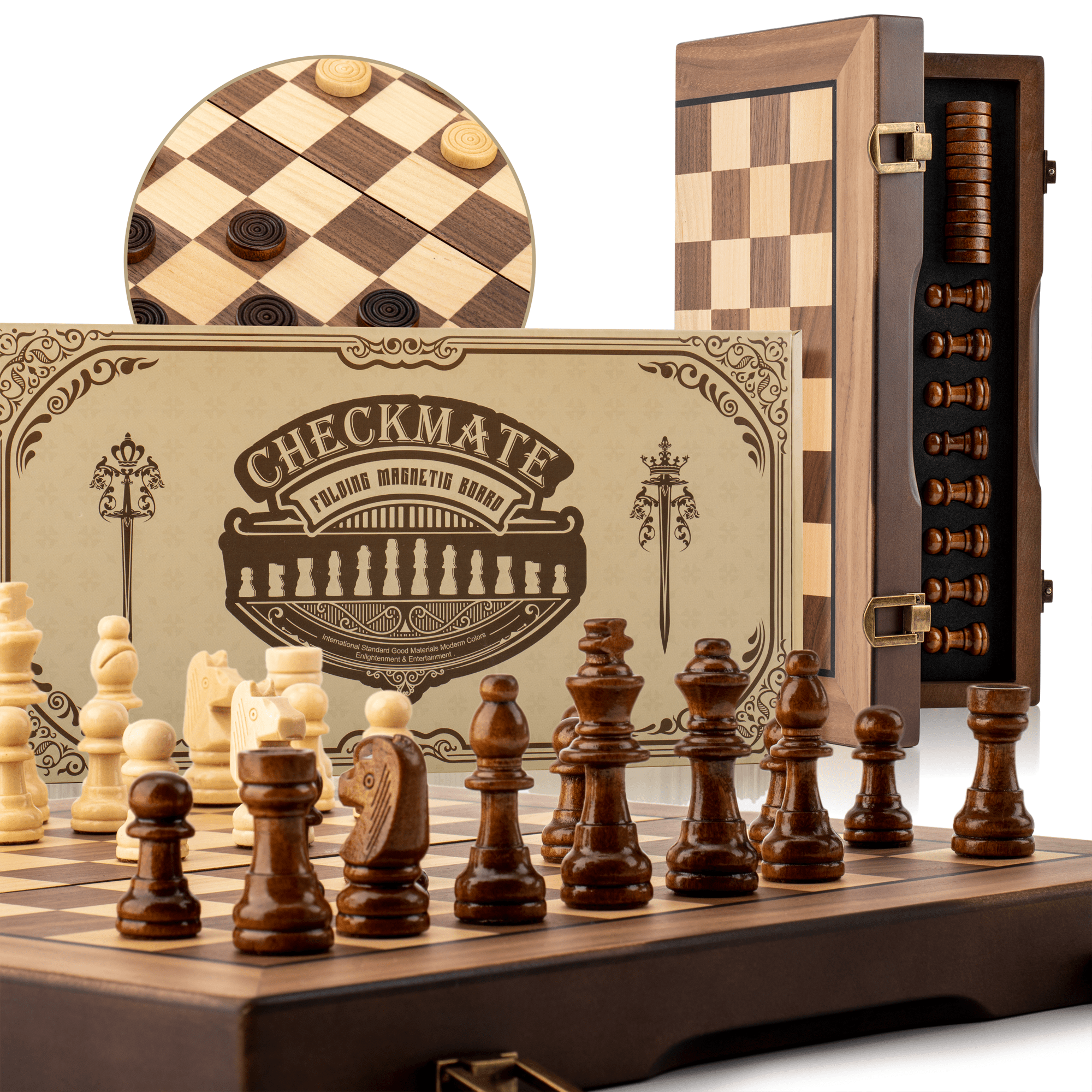 Wooden Chess Game, Foldable Wooden Chess Board, 2 in 1 Chess and Lady Game, Wooden Chess Game for Adults, Children, Family, 30 x 30 cm