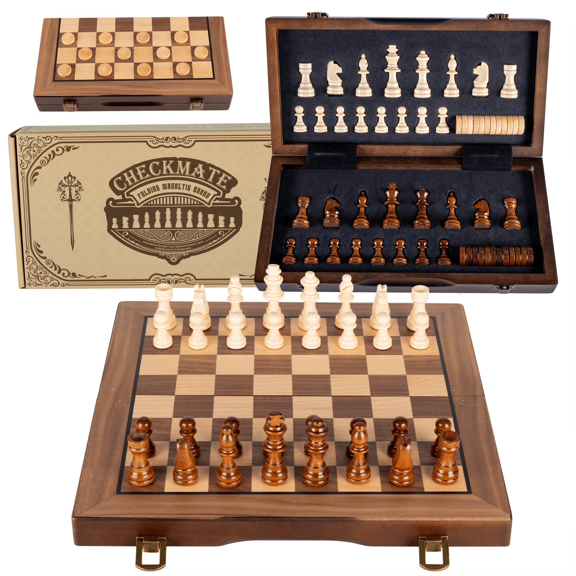 Wooden Chess Game, Foldable Wooden Chess Board, 2 in 1 Chess and Lady Game, Wooden Chess Game for Adults, Children, Family, 30 x 30 cm